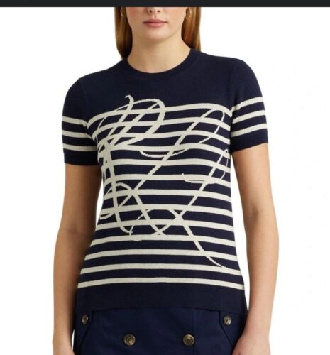 Lauren Ralph Lauren Logo Striped Short-Sleeve Sweater in Navy L