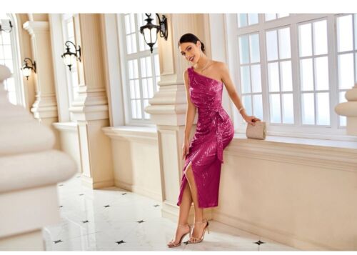 GRACE KARIN Sleeveless One Shoulder Sequin Dress Glitter Wrap Dress S Pink