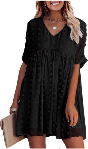 KIRUNDO Womens Summer Casual V Neck Short Sleeve Swiss Dot Ruffle dress L