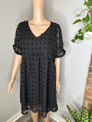 KIRUNDO Womens Summer Casual V Neck Short Sleeve Swiss Dot Ruffle dress L