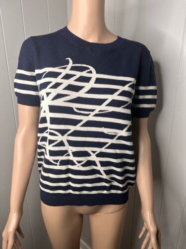Lauren Ralph Lauren Logo Striped Short-Sleeve Sweater in Navy L