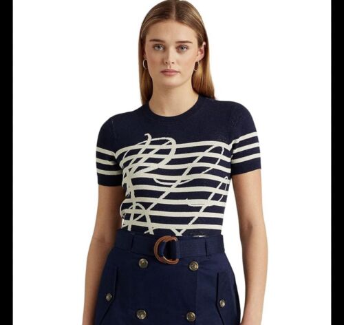 Lauren Ralph Lauren Logo Striped Short-Sleeve Sweater in Navy L