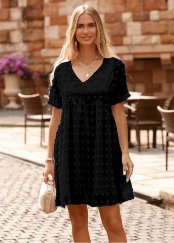KIRUNDO Womens Summer Casual V Neck Short Sleeve Swiss Dot Ruffle dress L