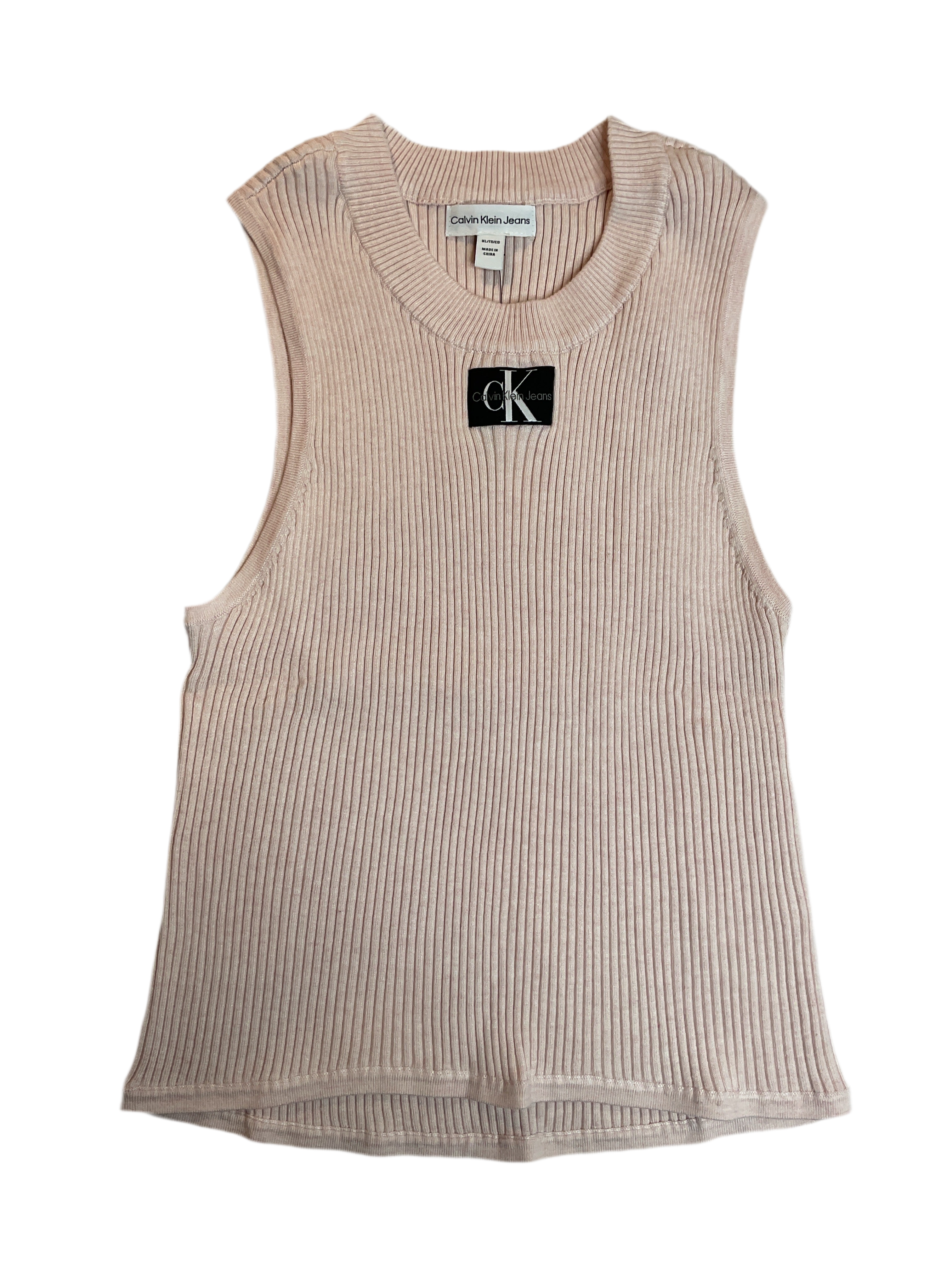 Calvin Klein Jeans Ribbed Angled-Hem Cropped Logo Top - Light Pink