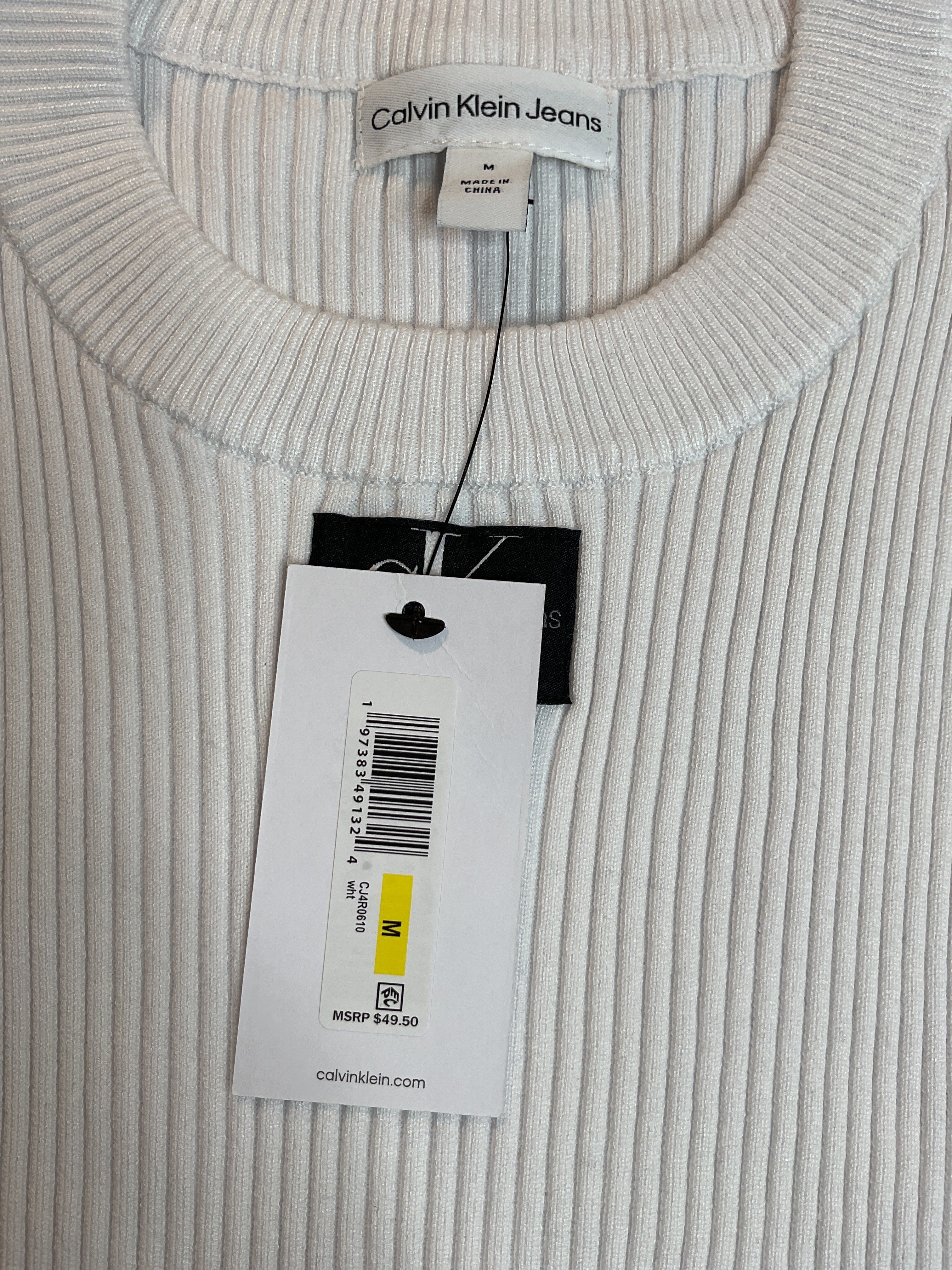 Calvin Klein Jeans Ribbed Angled-Hem Cropped Logo Top - White Sz M