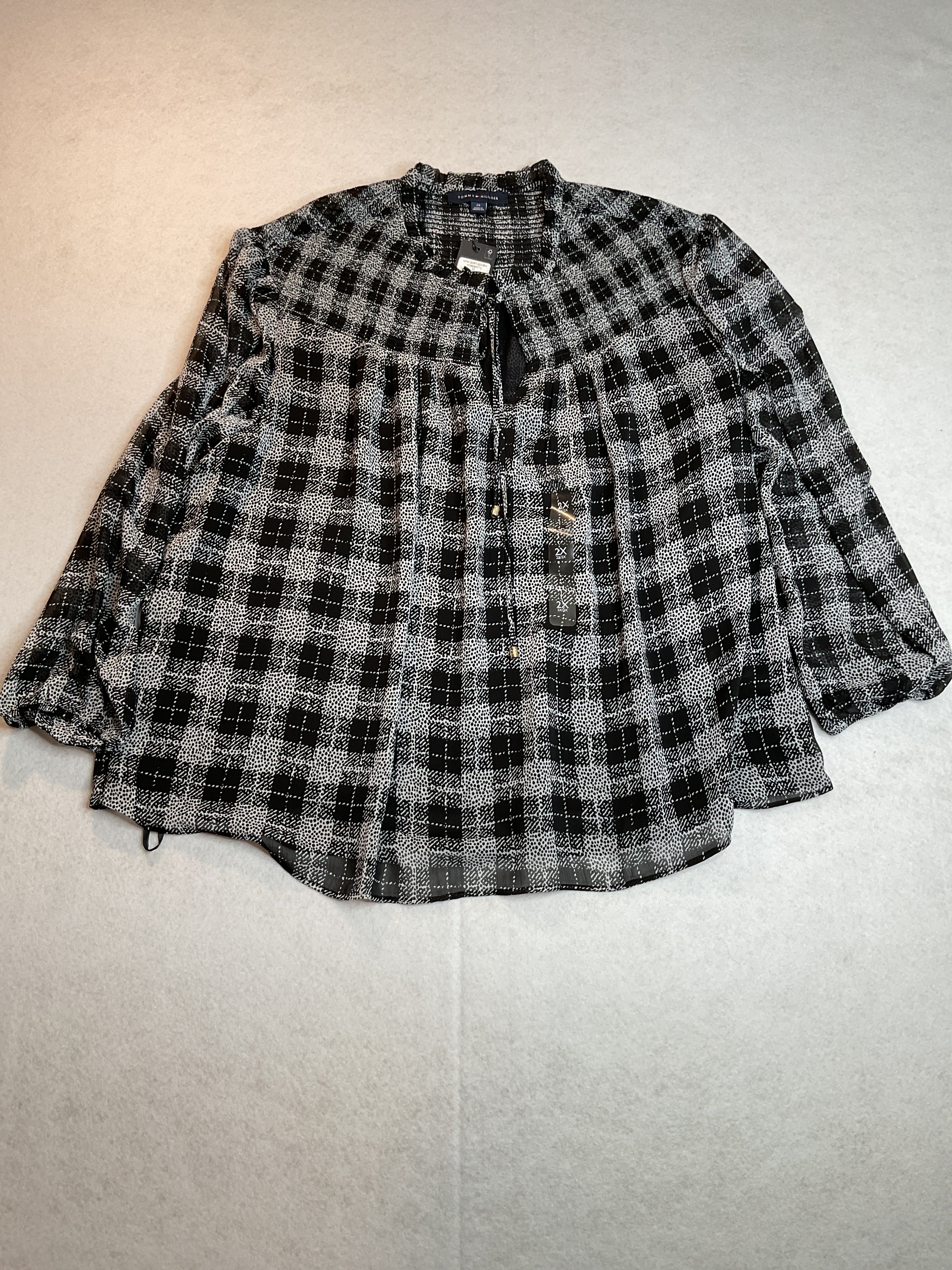 Tommy Hilfiger Plus Size Plaid Tie-Neck Smocked-Yoke Top - Black/Ivory Sz 2XL