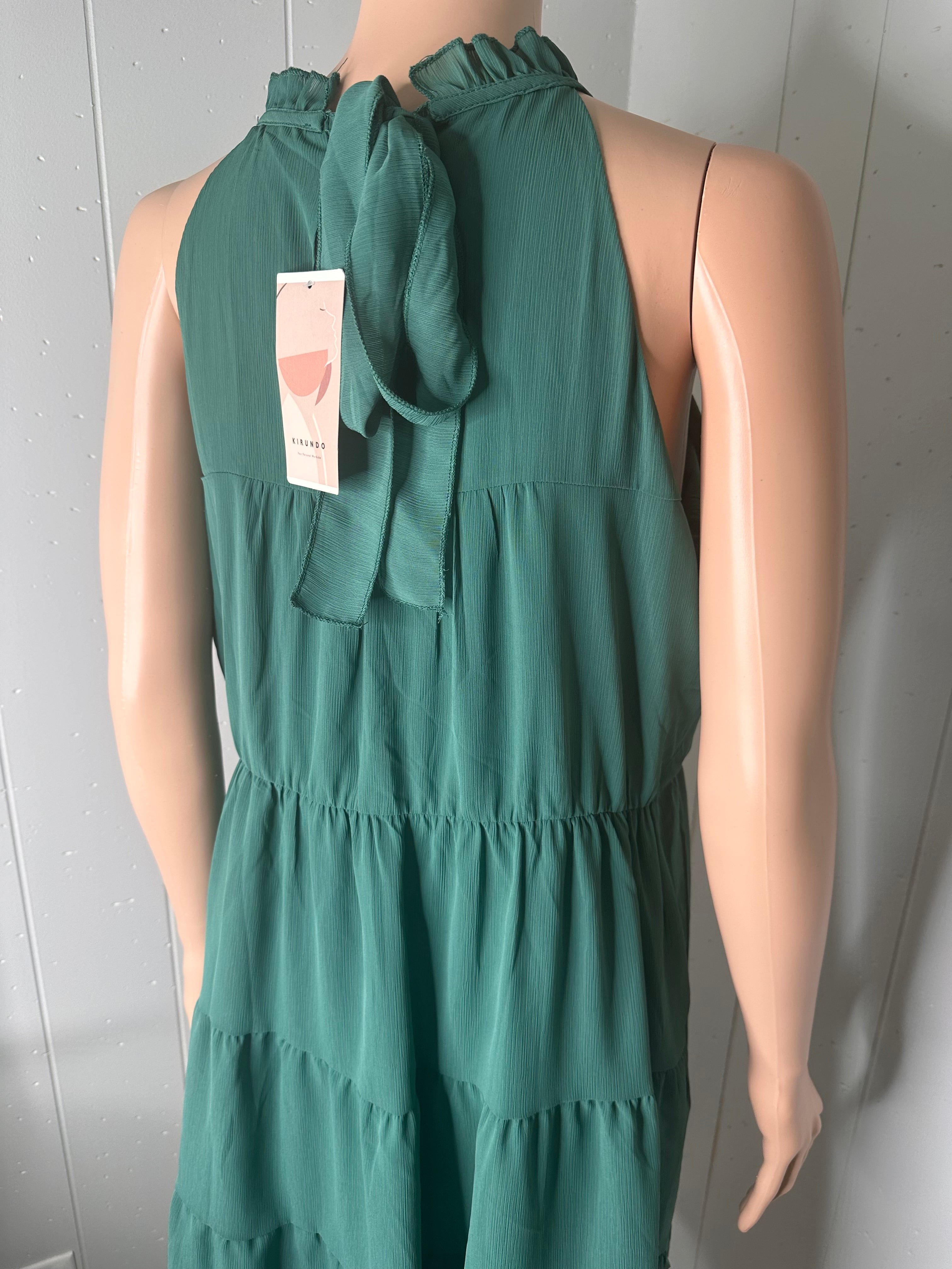 KIRUNDO Casual Halter Sleeveless Flowy Mini Babydoll Dress L
