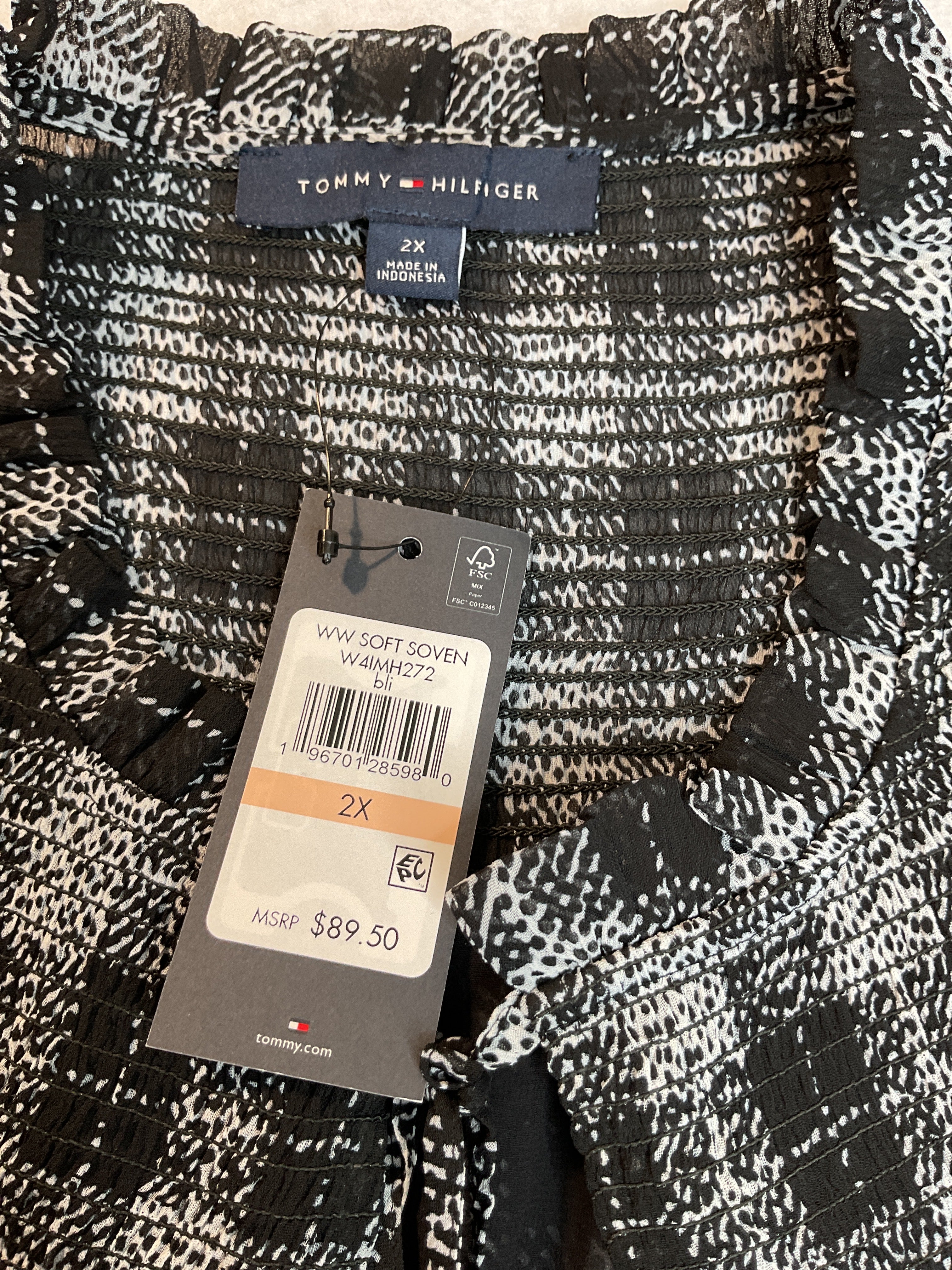 Tommy Hilfiger Plus Size Plaid Tie-Neck Smocked-Yoke Top - Black/Ivory Sz 2XL