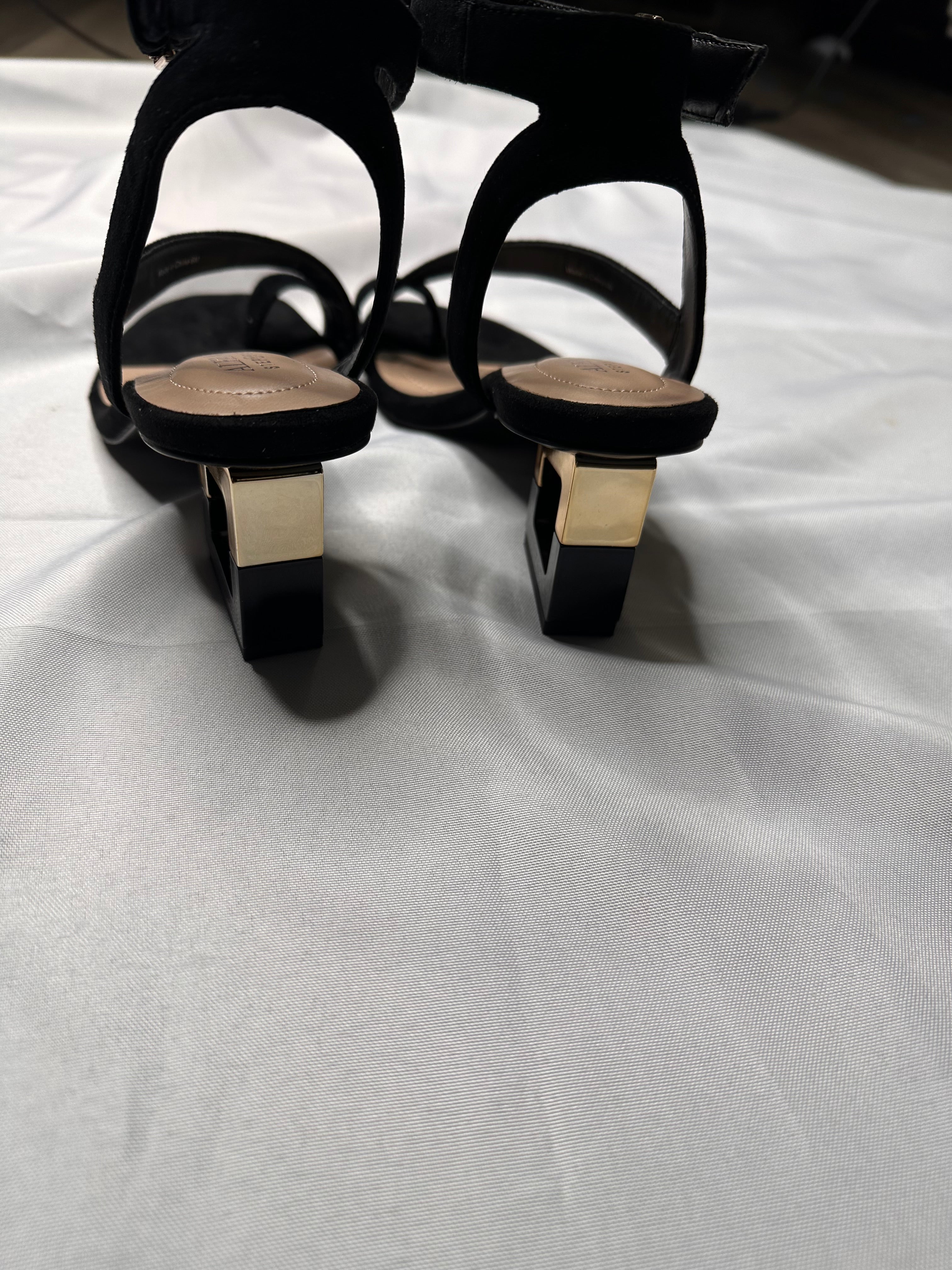 ALFANI Womens Black Metallic Toe Loop Ankle Strap Padded Coreena Round Toe Sculpted Heel Buckle Dress Heeled Sandal 6 M