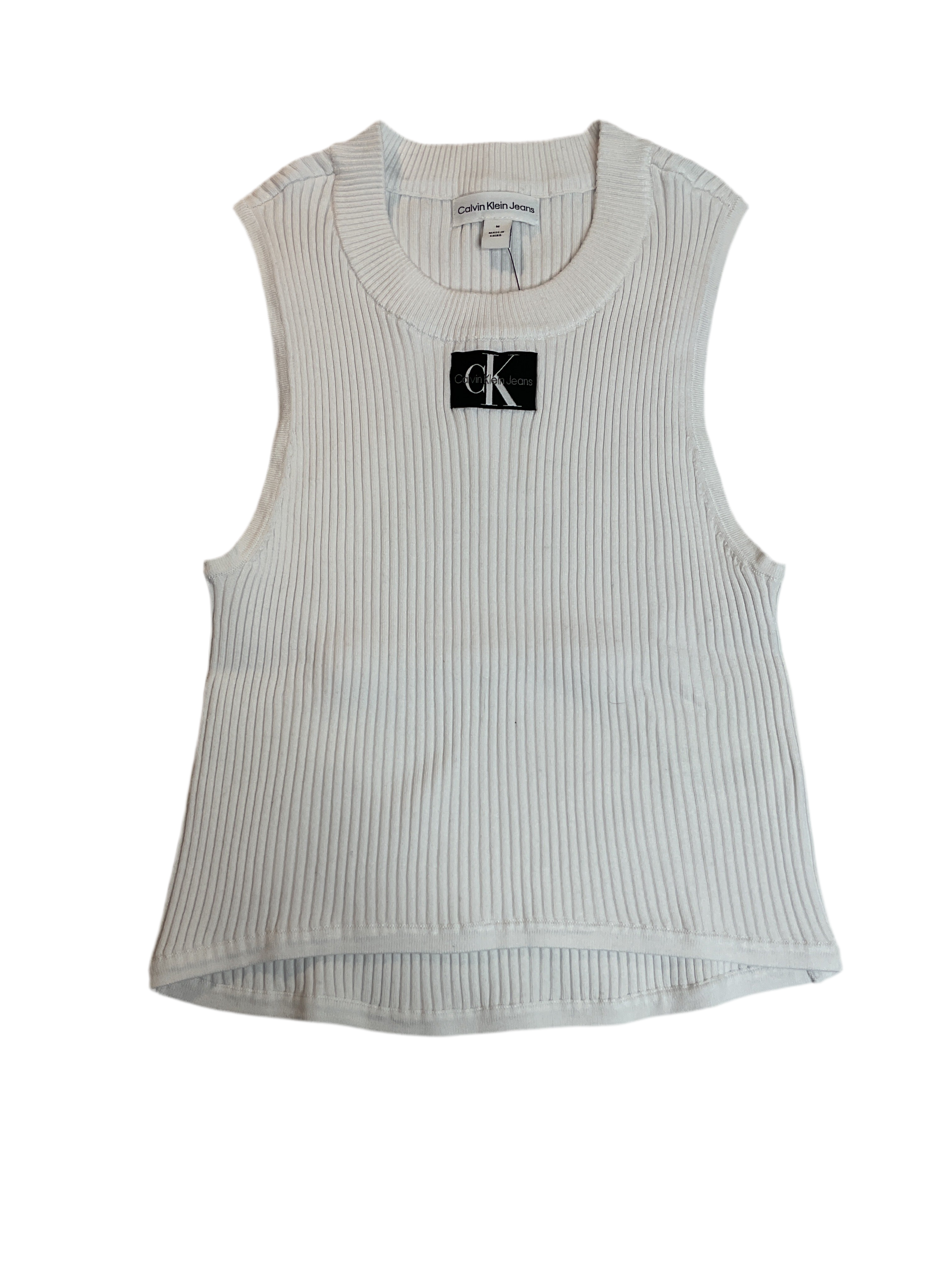 Calvin Klein Jeans Ribbed Angled-Hem Cropped Logo Top - White Sz M
