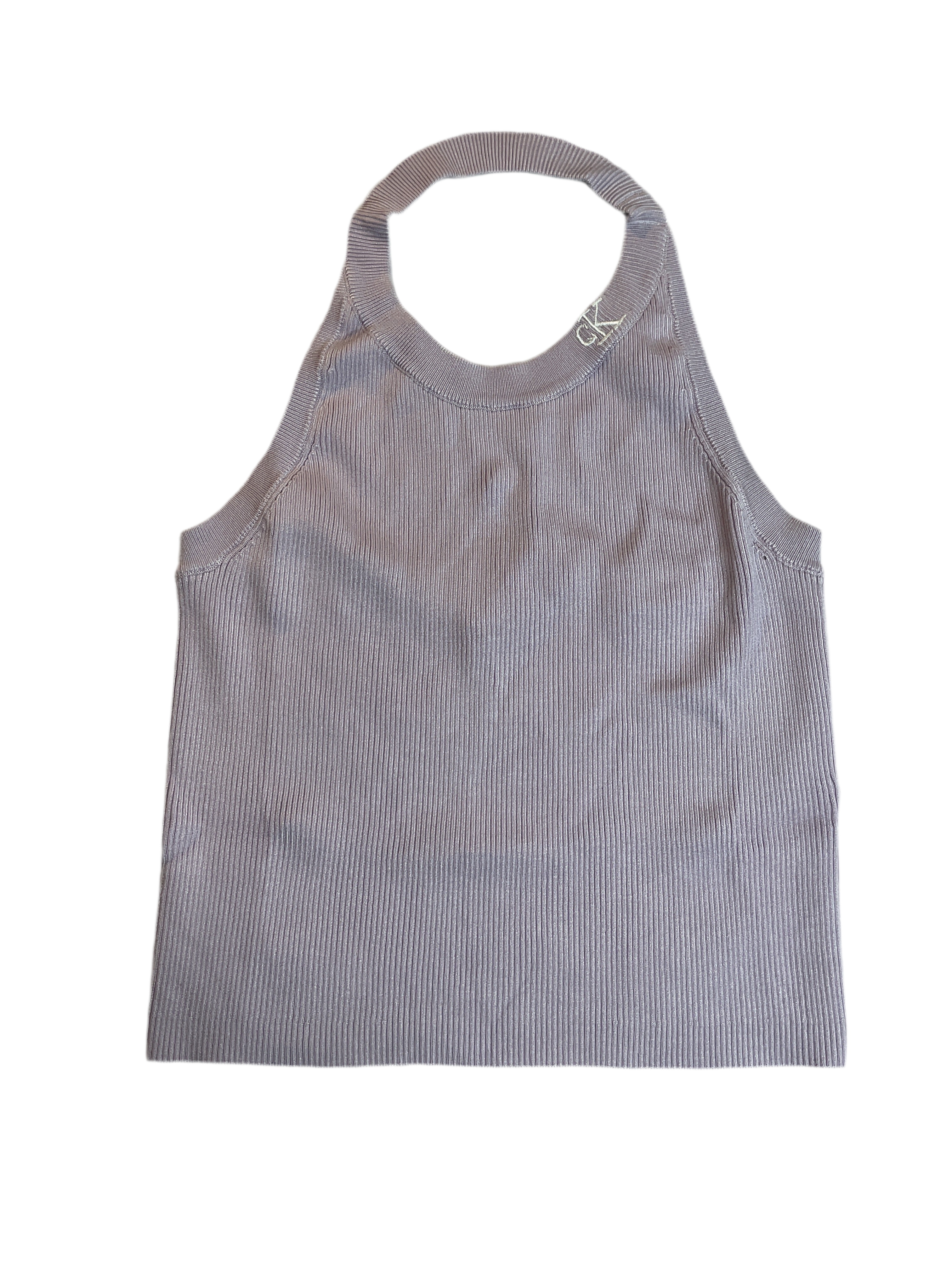 Calvin Klein Jeans Ribbed Embroidered-Logo Cropped Halter Top - Orchid