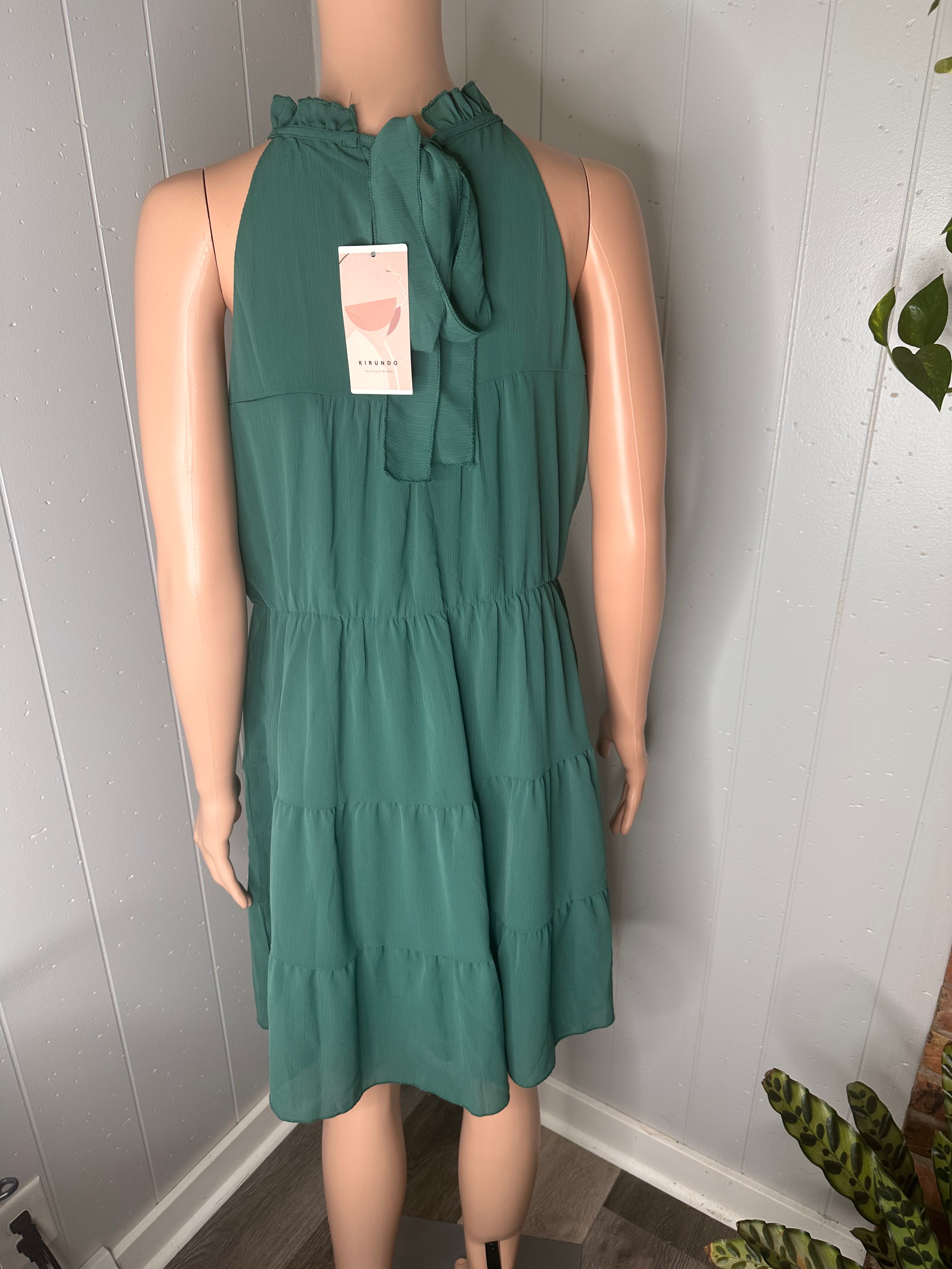 KIRUNDO Casual Halter Sleeveless Flowy Mini Babydoll Dress L