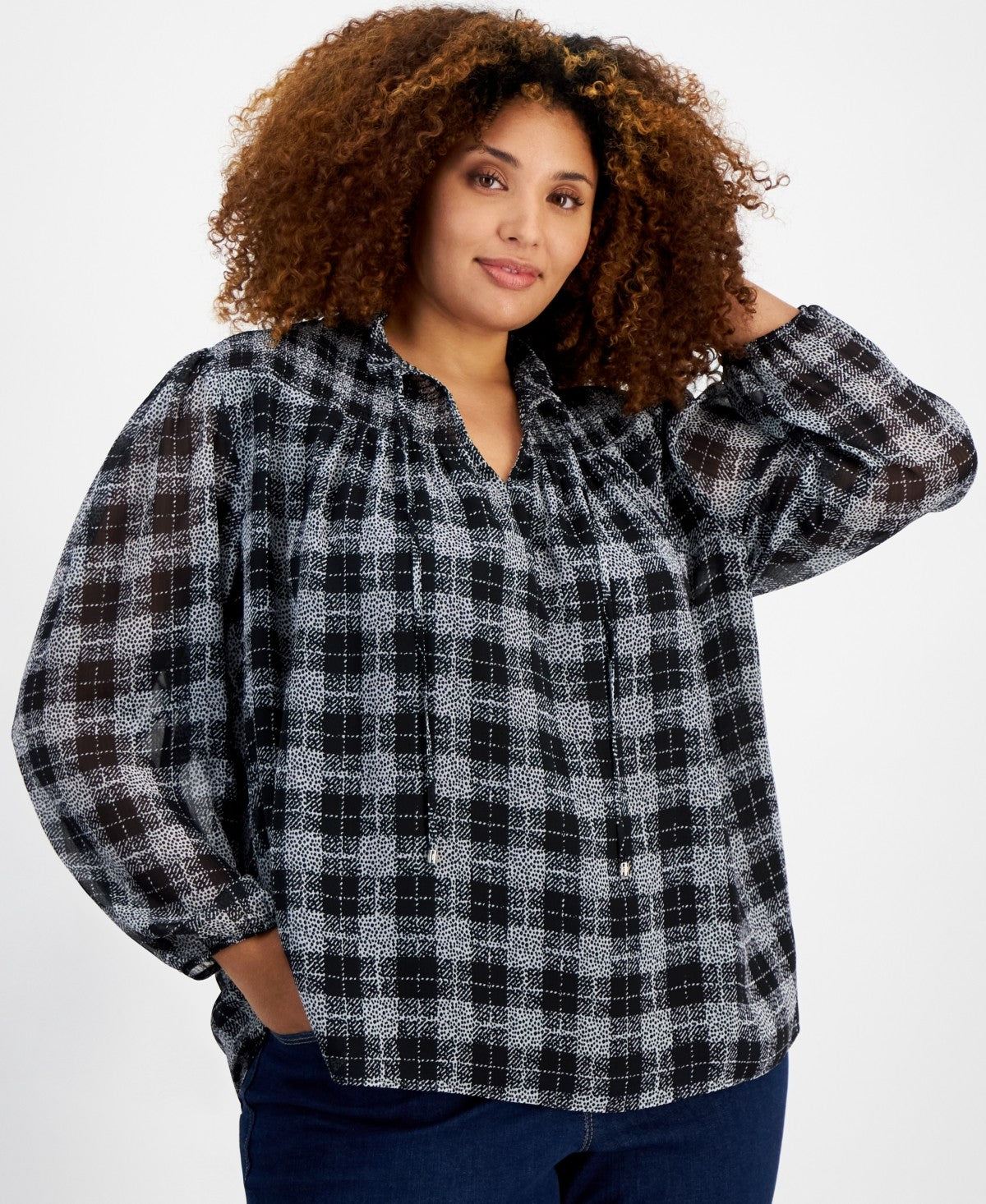 Tommy Hilfiger Plus Size Plaid Tie-Neck Smocked-Yoke Top - Black/Ivory Sz 2XL