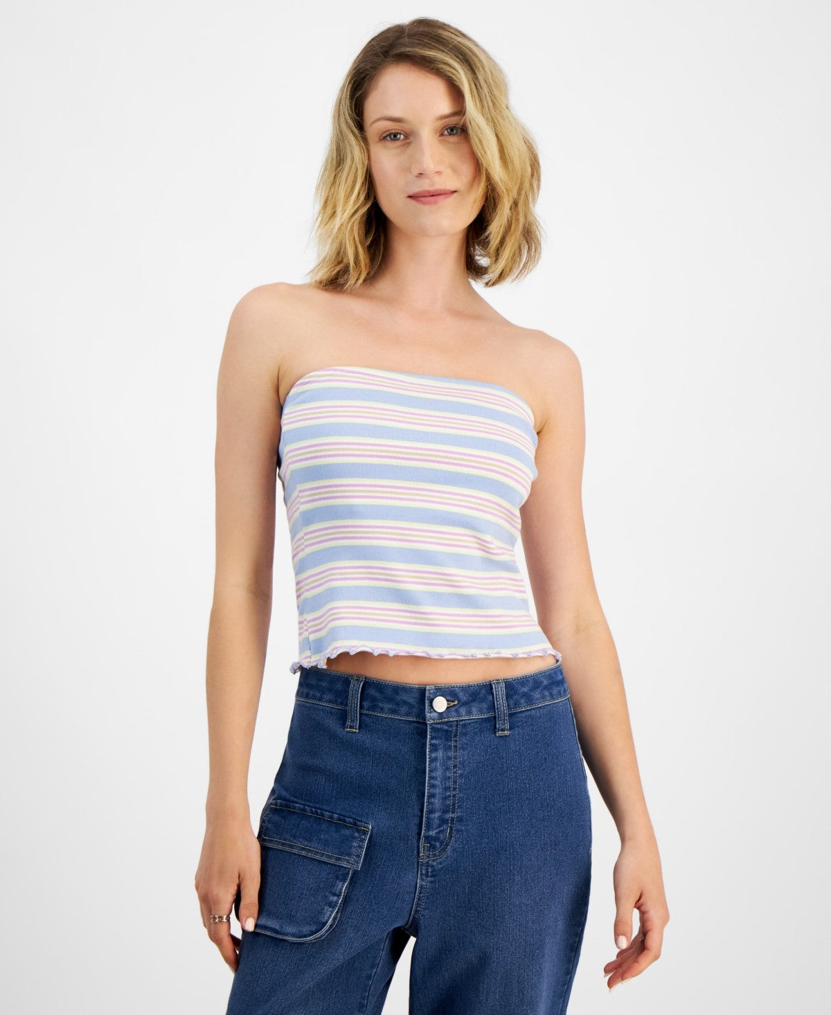 Rebellious One Juniors' Striped Lettuce Edge Tube Top Sz M