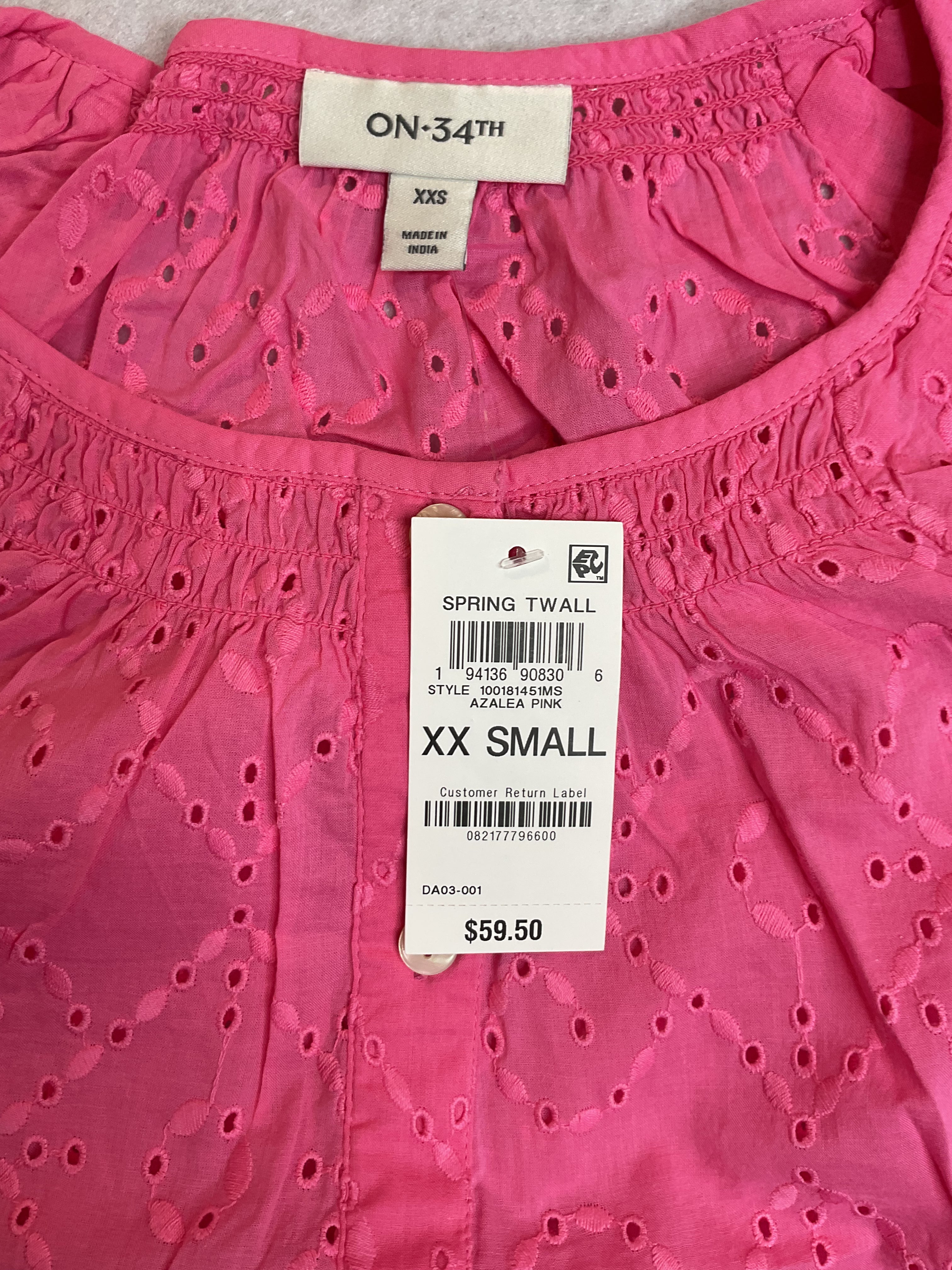 On 34th Women's Eyelet Puff-Sleeve Top - Azalea Pink Sz XXS
