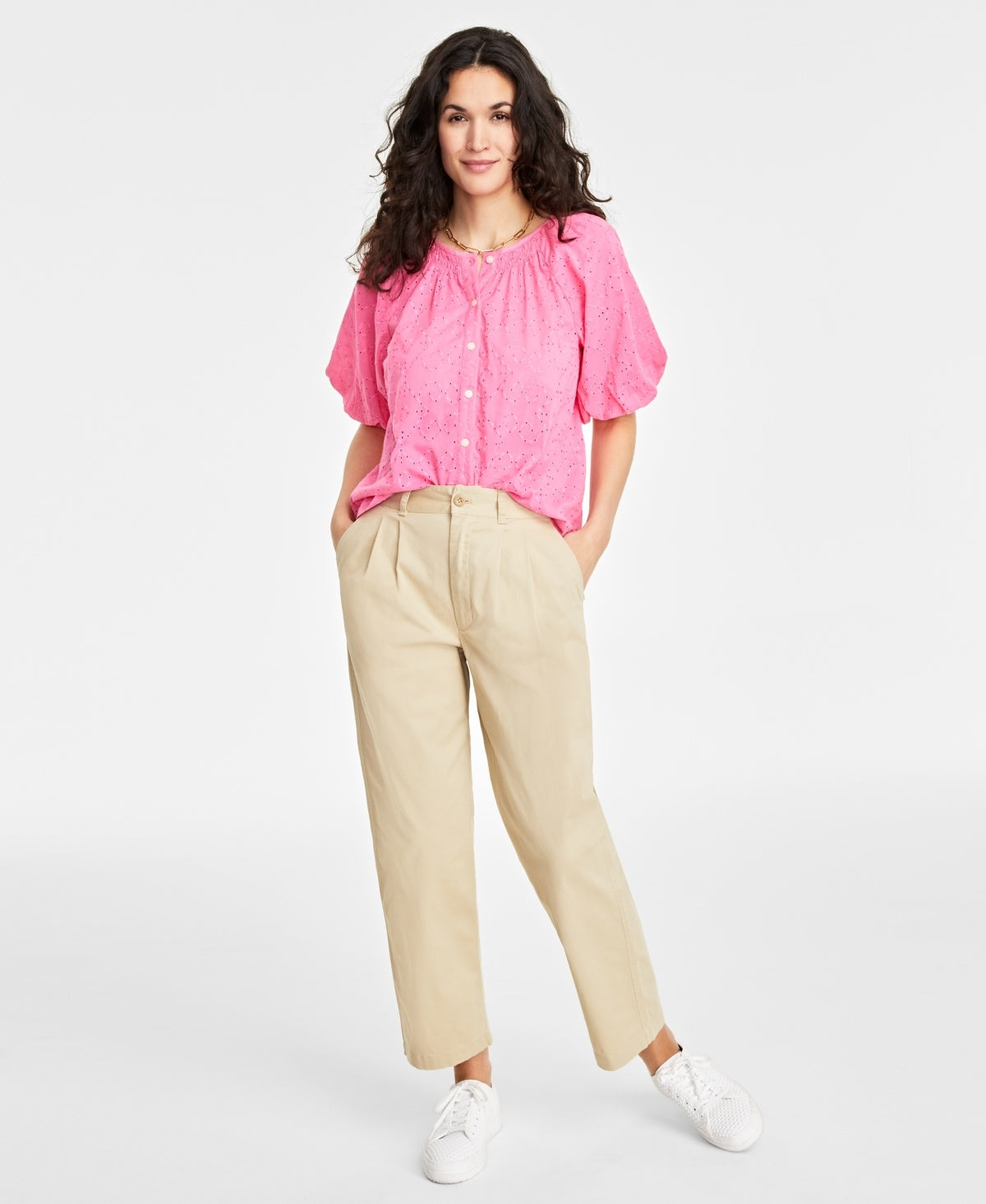 On 34th Women's Eyelet Puff-Sleeve Top - Azalea Pink Sz XXS