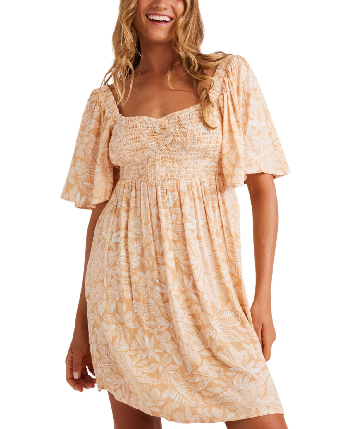 Roxy Juniors' Golden Dawn Floral Flutter-Sleeve Dress - Egret Sz L