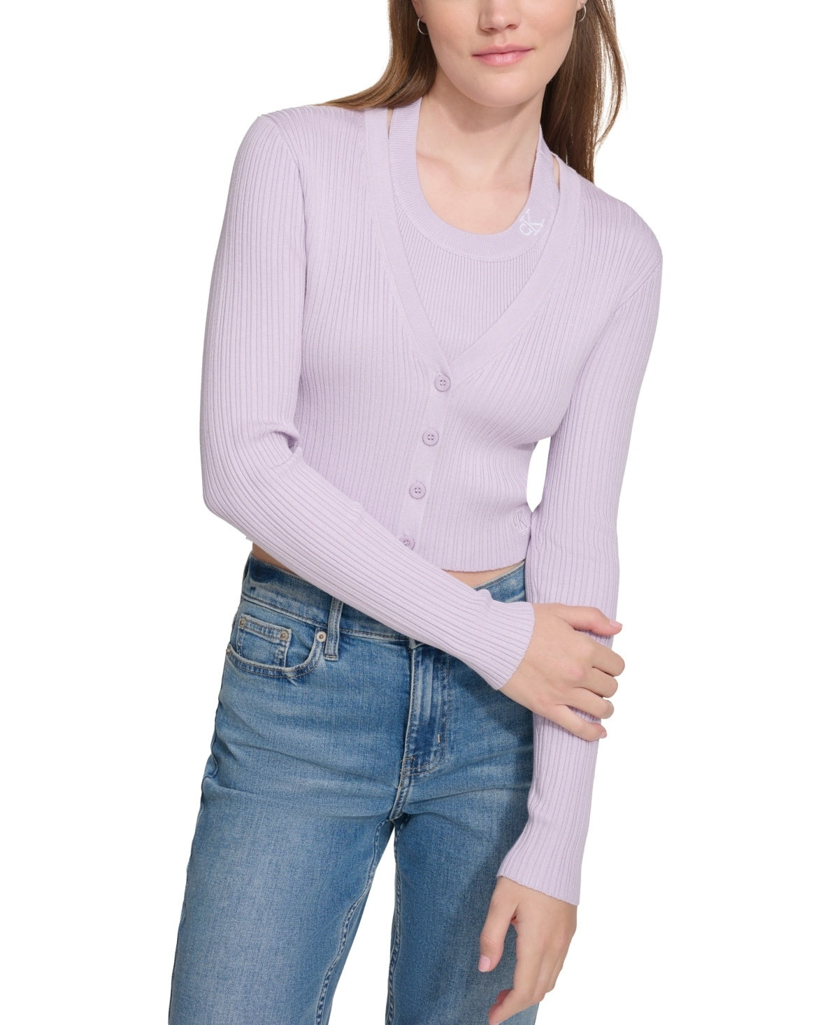 Calvin Klein Jeans Ribbed Button-Down Cropped Cardigan Sweater - Orchid Sz XL