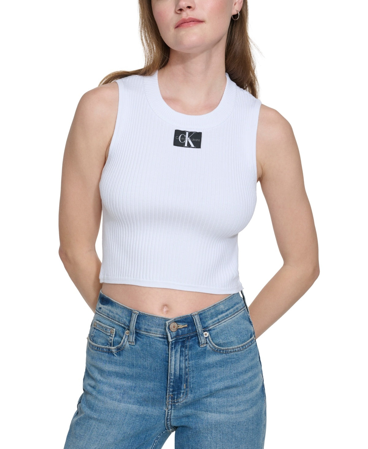 Calvin Klein Jeans Ribbed Angled-Hem Cropped Logo Top - White Sz M