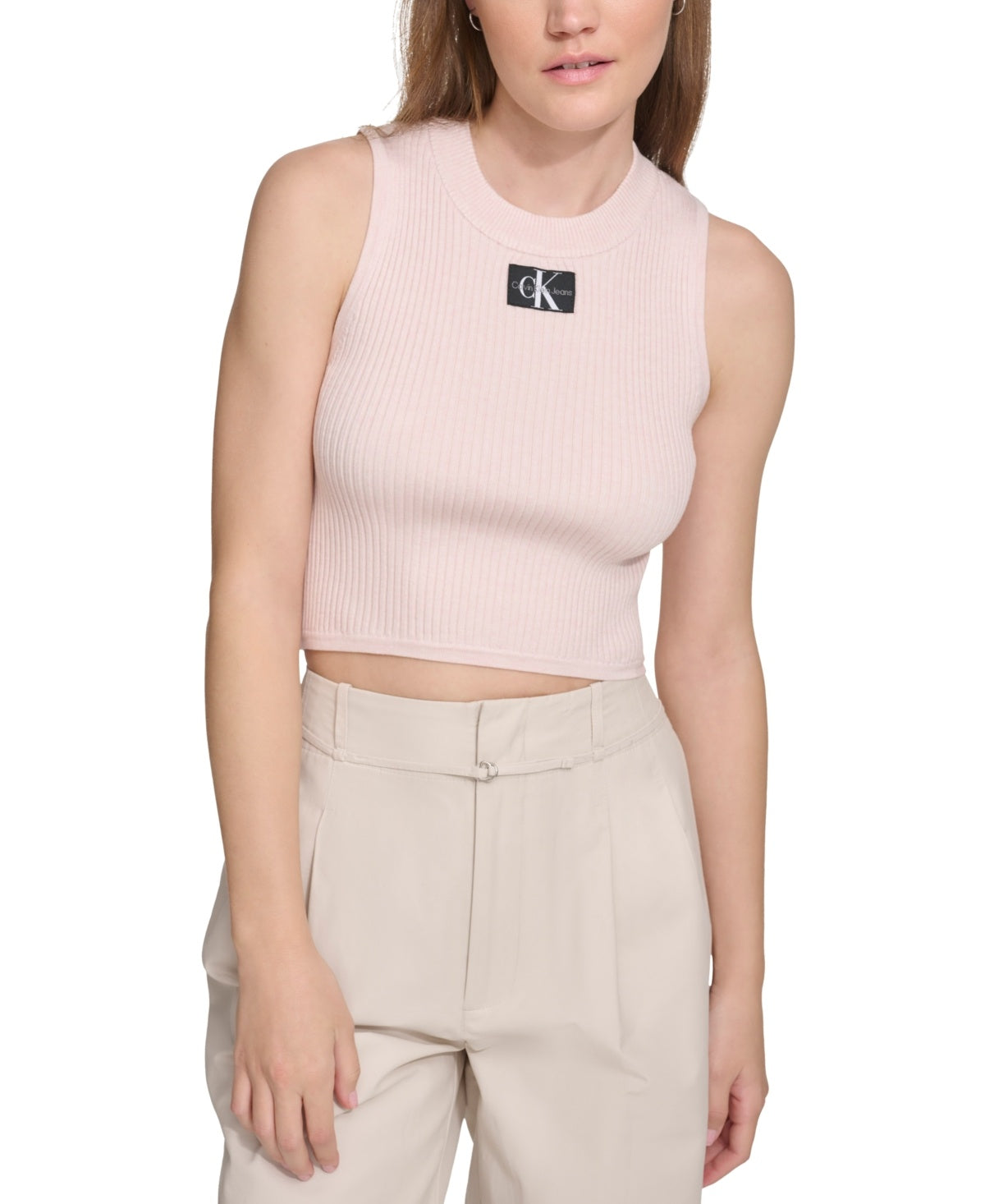 Calvin Klein Jeans Ribbed Angled-Hem Cropped Logo Top - Light Pink