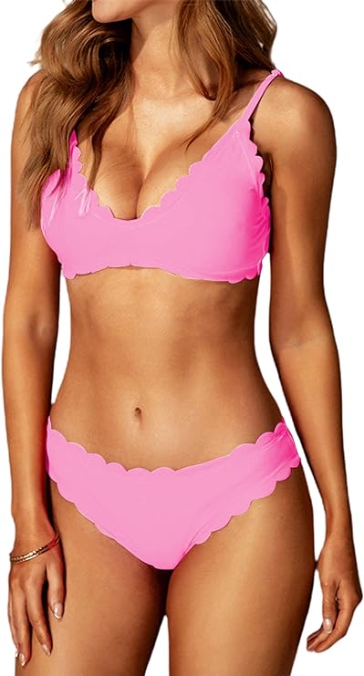 Remidoo Women Two Pieces Classic Scallop Bathing Suit - Large