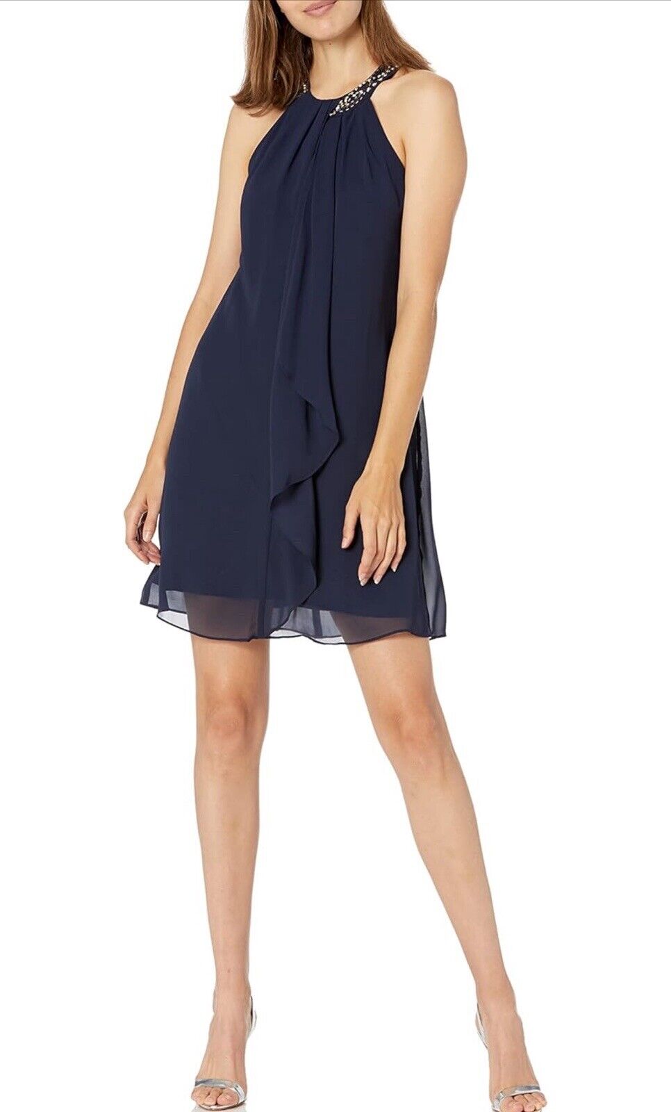 New SLNY Womens Dress Jeweled Halter Cocktail Party Wedding 8 Slate Navy Blue