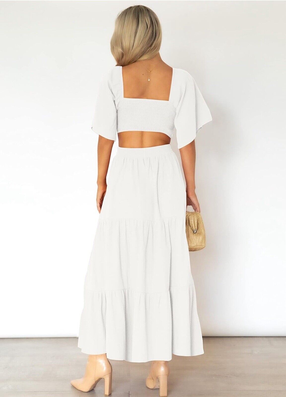 Cutout Maxi Dress Square Neck Short Sleeve Large White