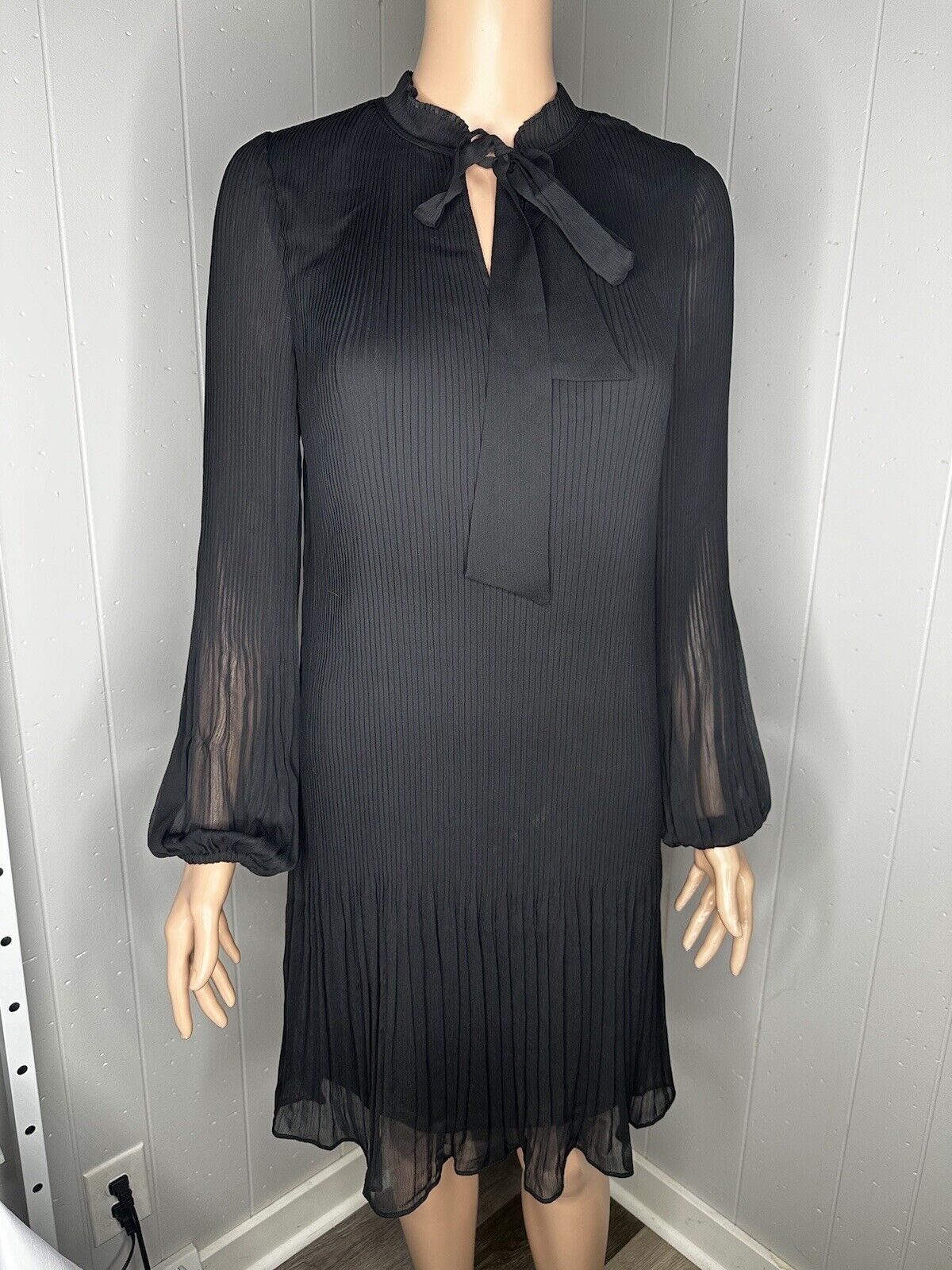 DKNY Womens Black Pleated Long Sleeve Tie Neck Short Shift Dress 2