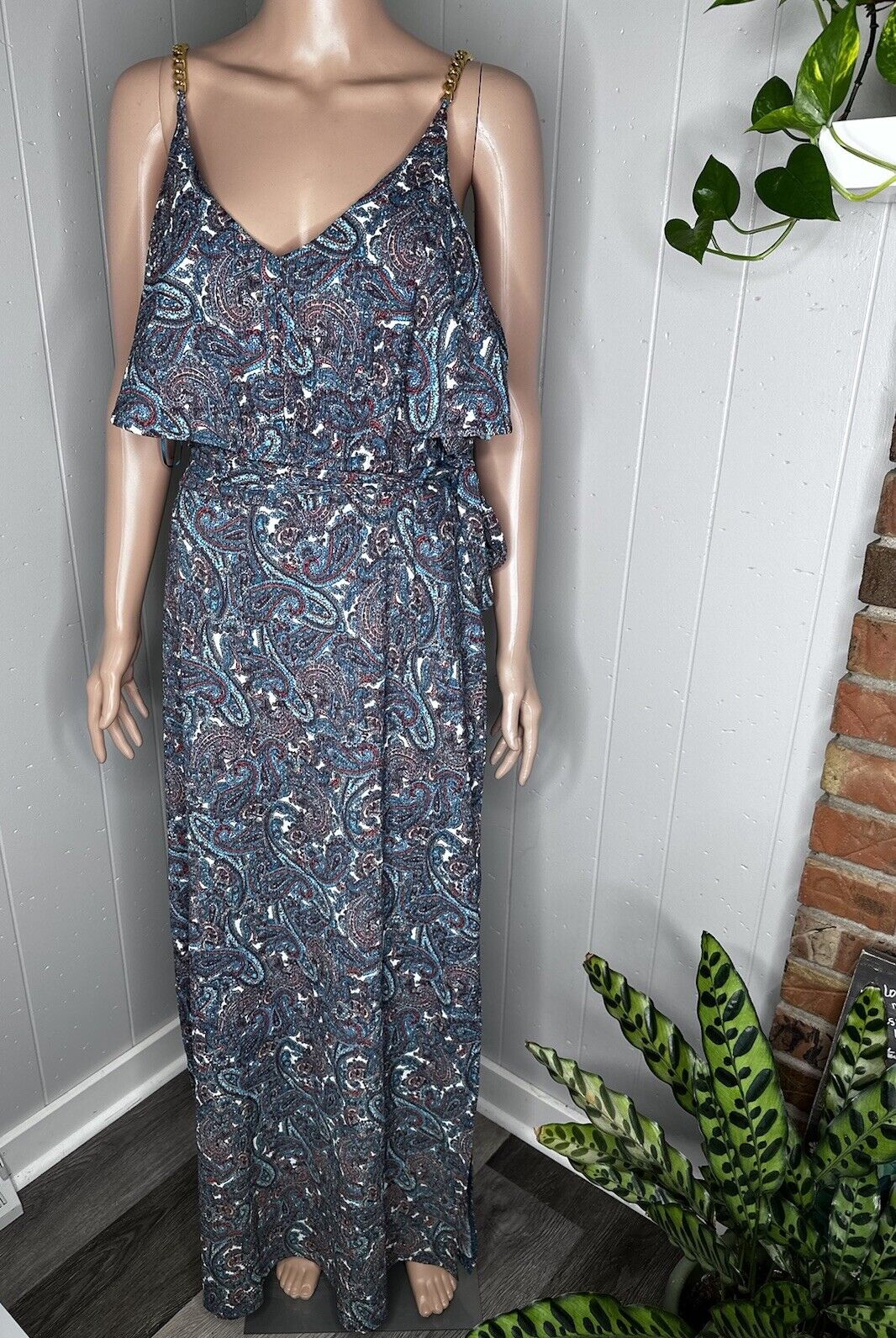 Michael Michael Kors Women's Sangria Paisley Chain Flutter Maxi Dress Size M