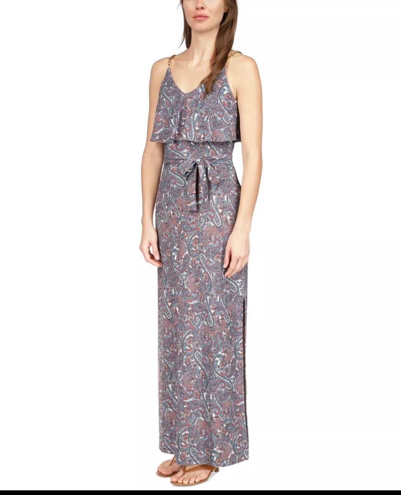Michael Michael Kors Women's Sangria Paisley Chain Flutter Maxi Dress Size M