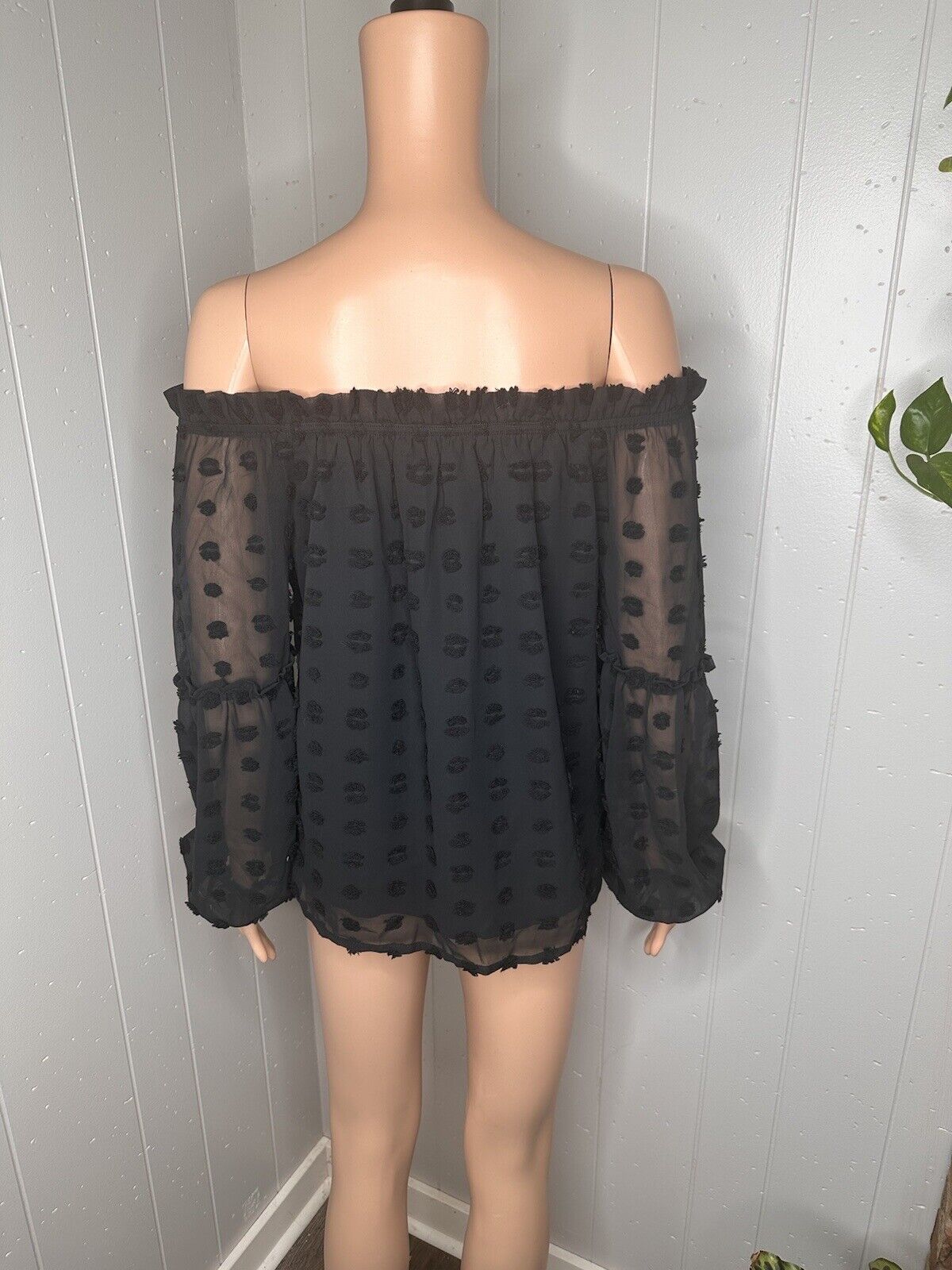 Off Shoulder Shirts Ruffled Long Sleeve Swiss Dot Pompom Loose Fit Blouse S