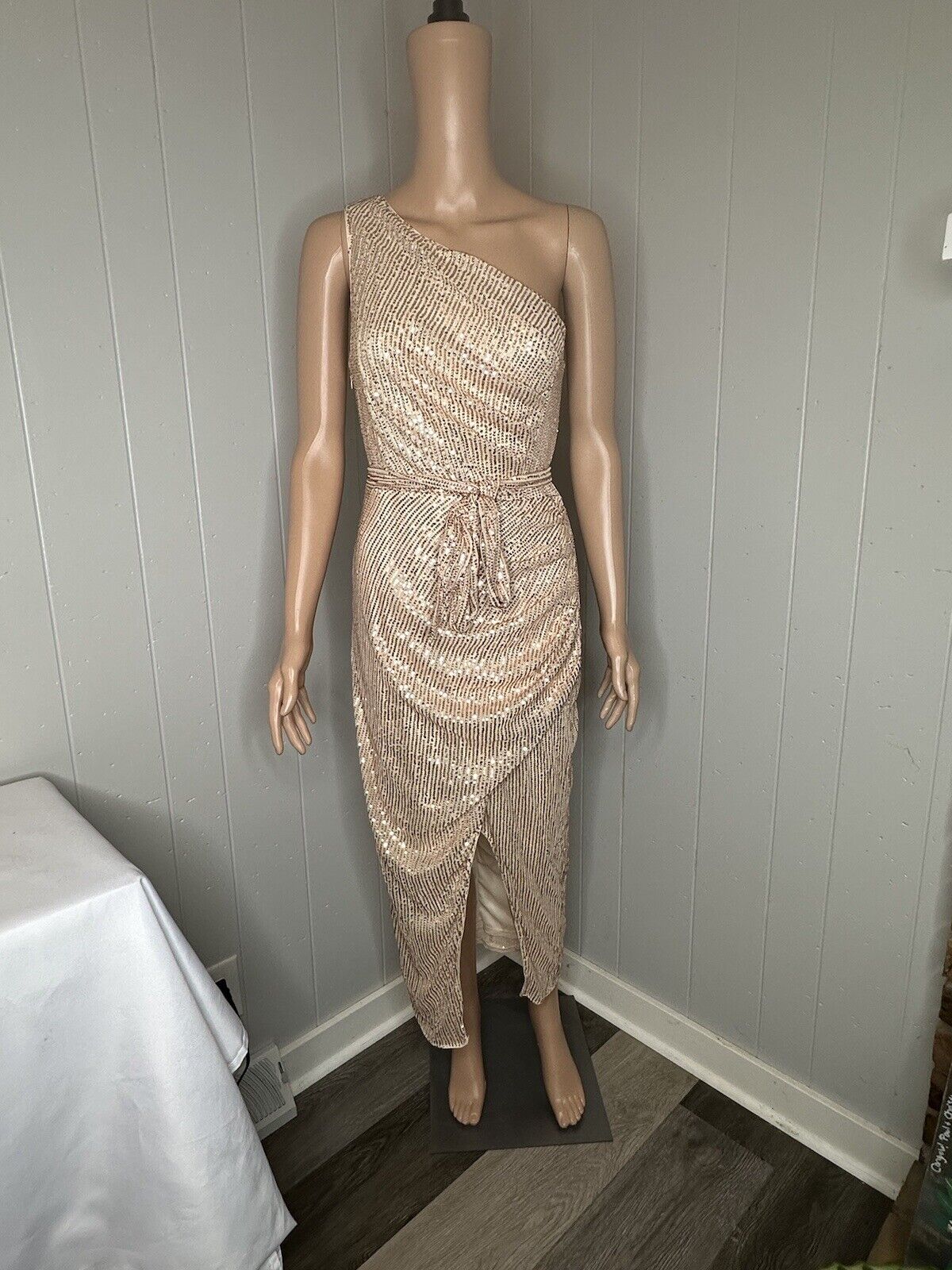 GRACE KARIN Sleeveless One Shoulder Sequin Dress Glitter Sz M Champagne