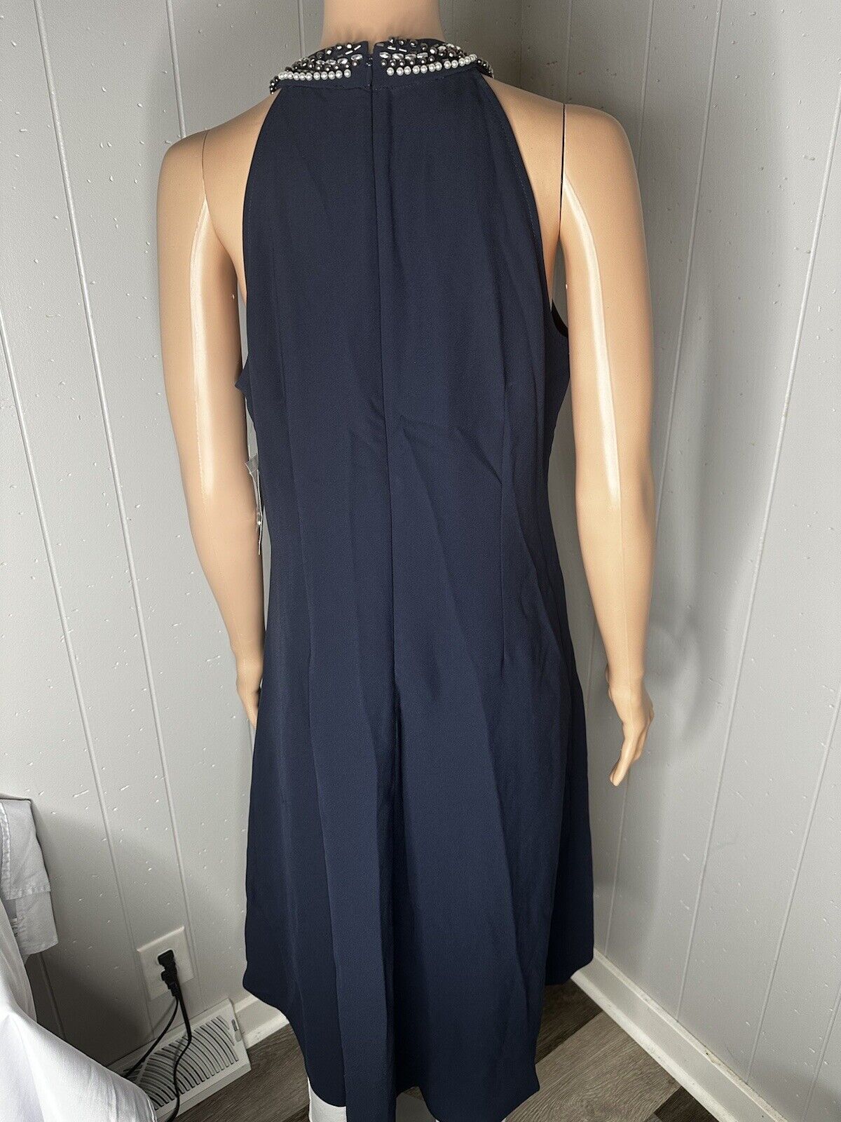 New SLNY Womens Dress Jeweled Halter Cocktail Party Wedding 8 Slate Navy Blue