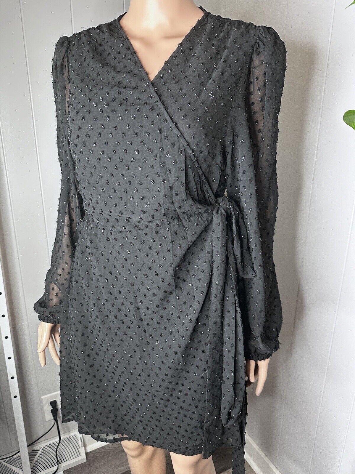 MICHAEL MICHAEL KORS Womens Black Tie Lined Shiny Polka D Wrap Dress XL