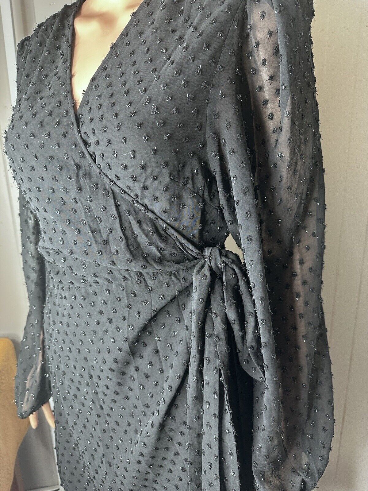MICHAEL MICHAEL KORS Womens Black Tie Lined Shiny Polka D Wrap Dress XL