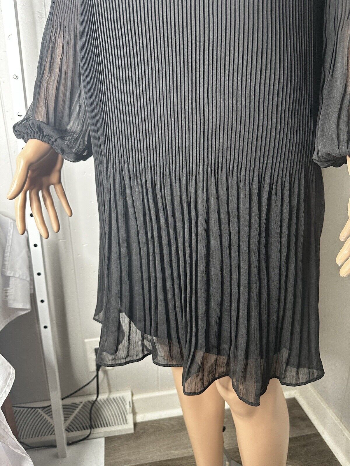 DKNY Womens Black Pleated Long Sleeve Tie Neck Short Shift Dress 2