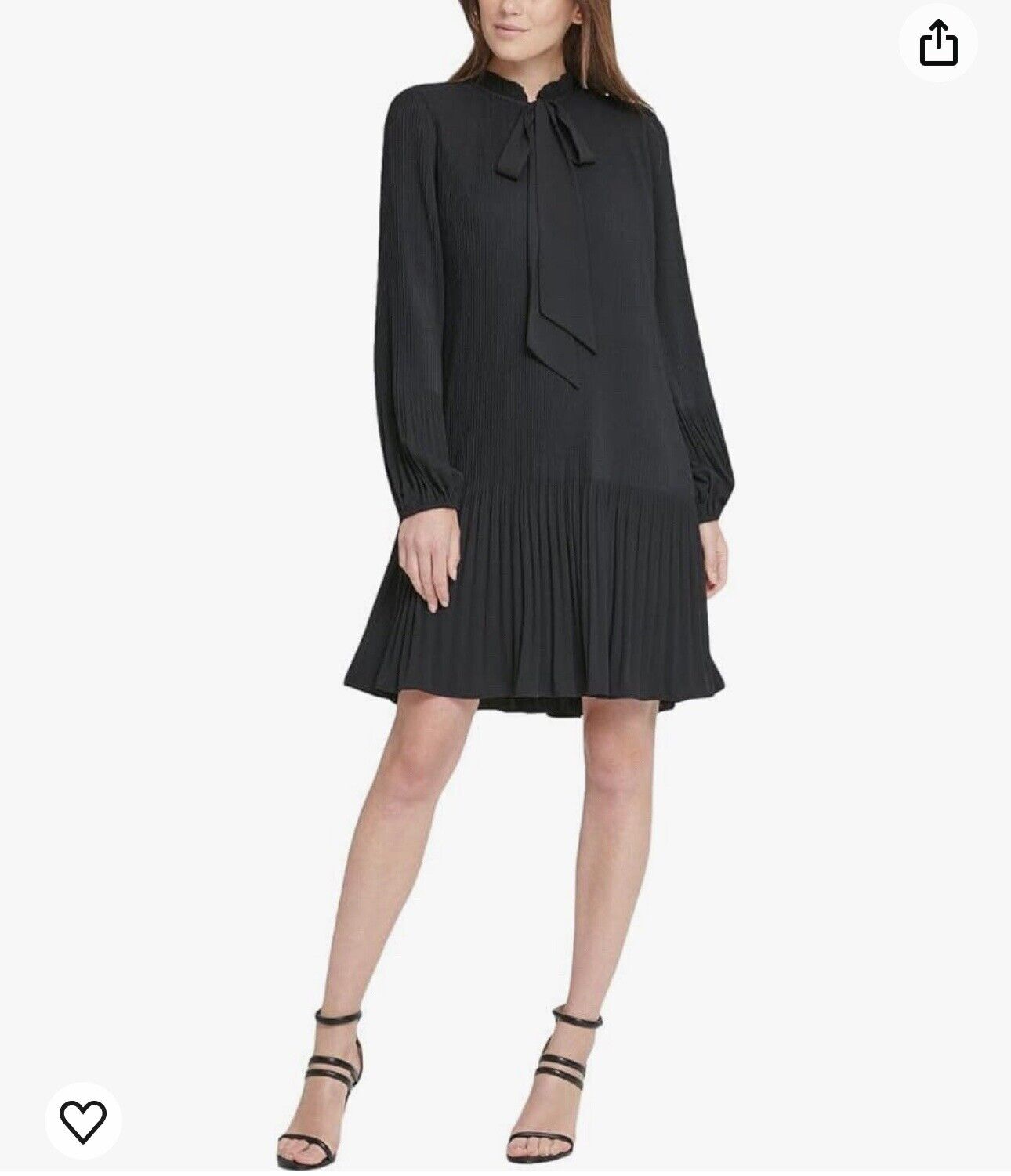 DKNY Womens Black Pleated Long Sleeve Tie Neck Short Shift Dress 2