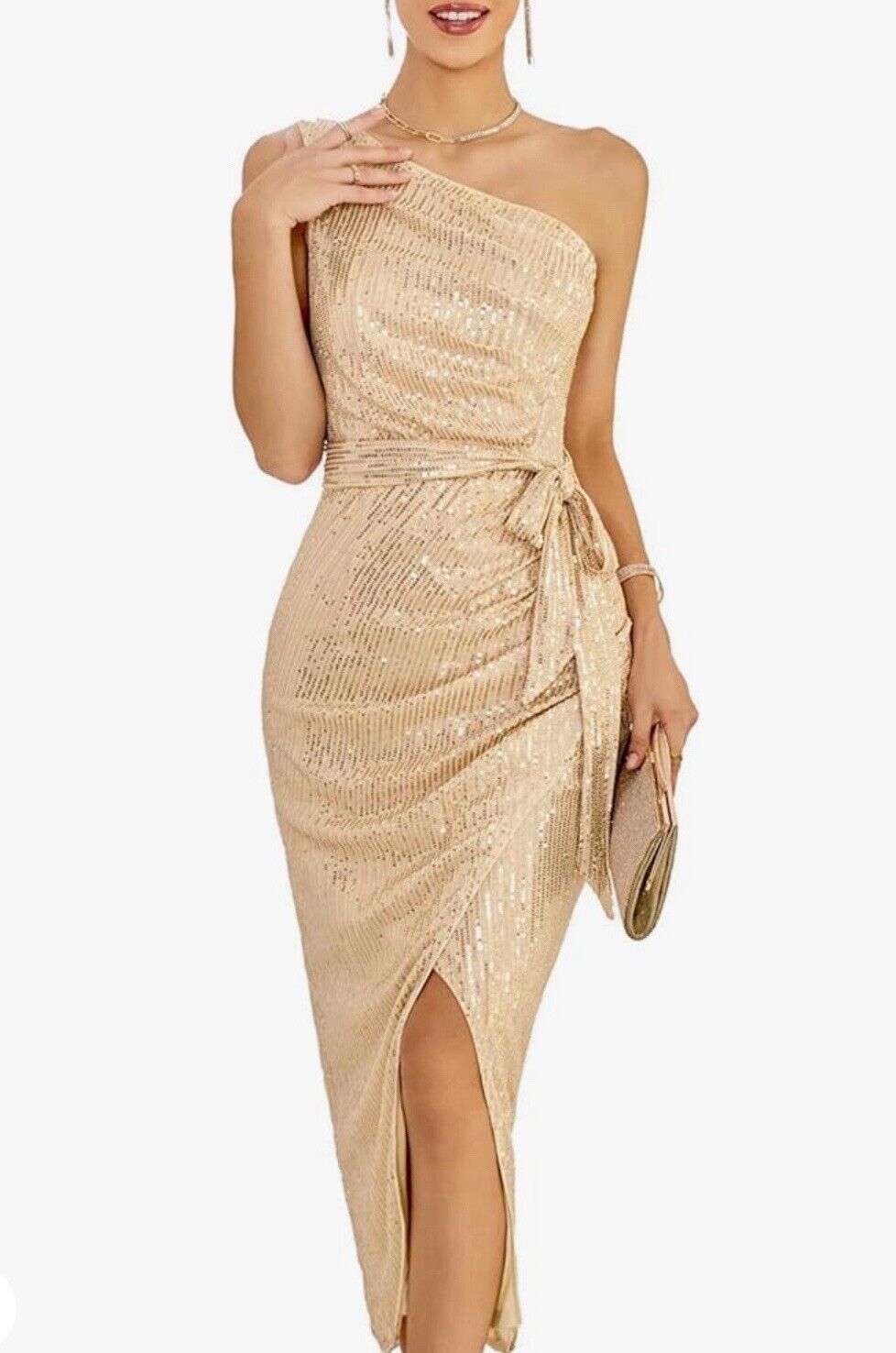 GRACE KARIN Sleeveless One Shoulder Sequin Dress Glitter Sz M Champagne