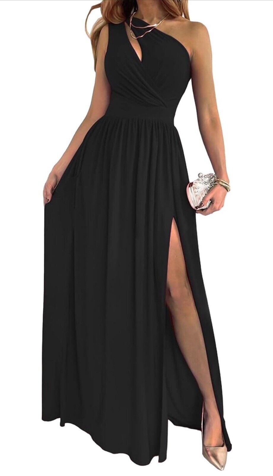 One Shoulder Cutout Pleated Maxi Dress M