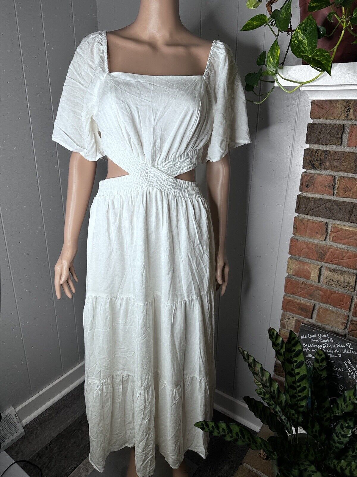Cutout Maxi Dress Square Neck Short Sleeve Large White