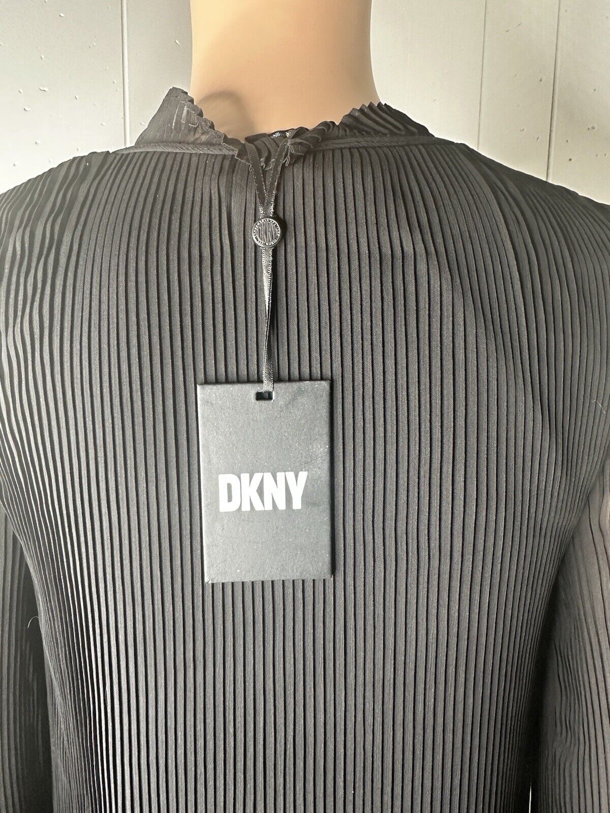 DKNY Womens Black Pleated Long Sleeve Tie Neck Short Shift Dress 2