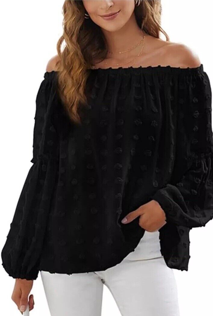 Off Shoulder Shirts Ruffled Long Sleeve Swiss Dot Pompom Loose Fit Blouse S