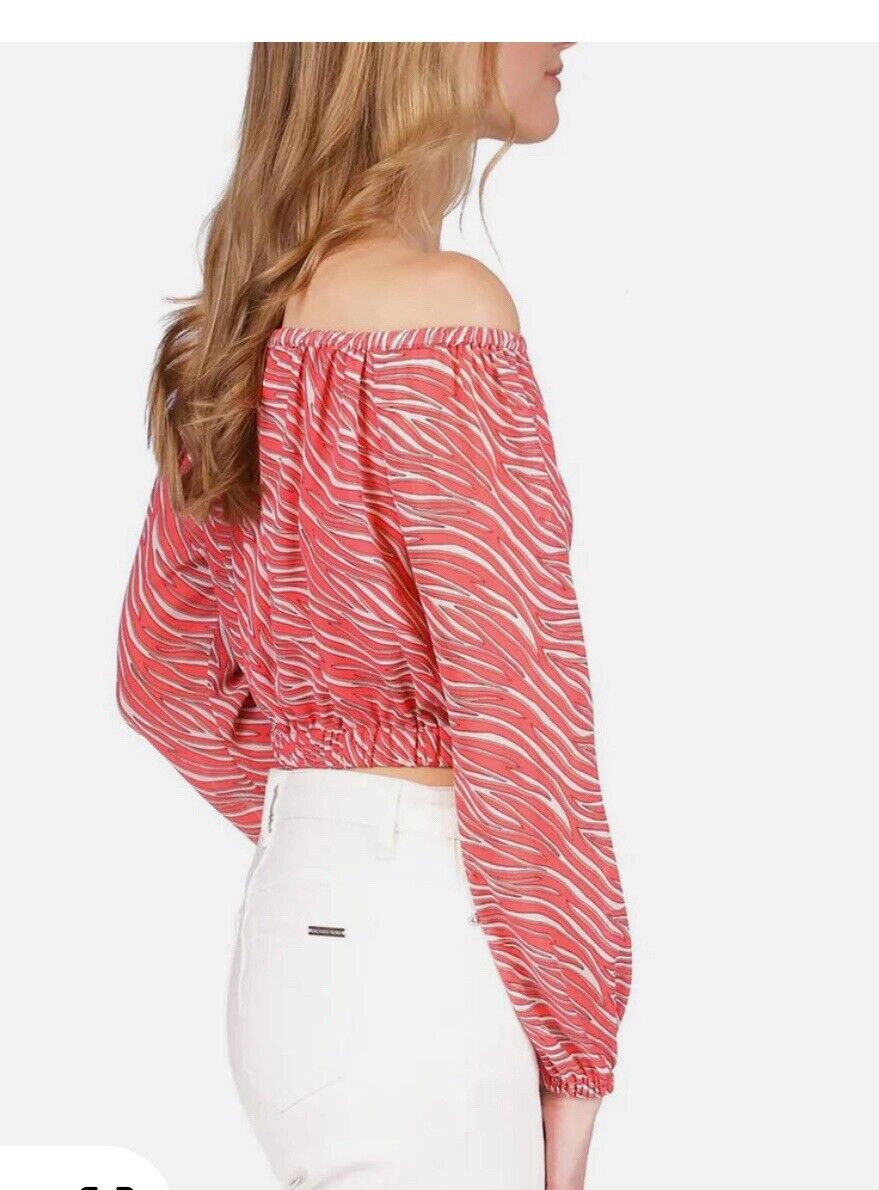 MICHAEL Michael Kors Womens Cropped Long Sleeve Shirt Off The Shoulder XS