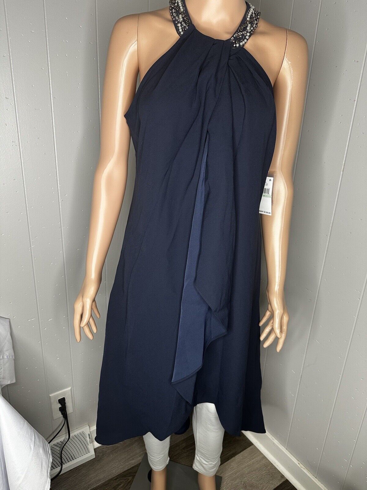New SLNY Womens Dress Jeweled Halter Cocktail Party Wedding 8 Slate Navy Blue