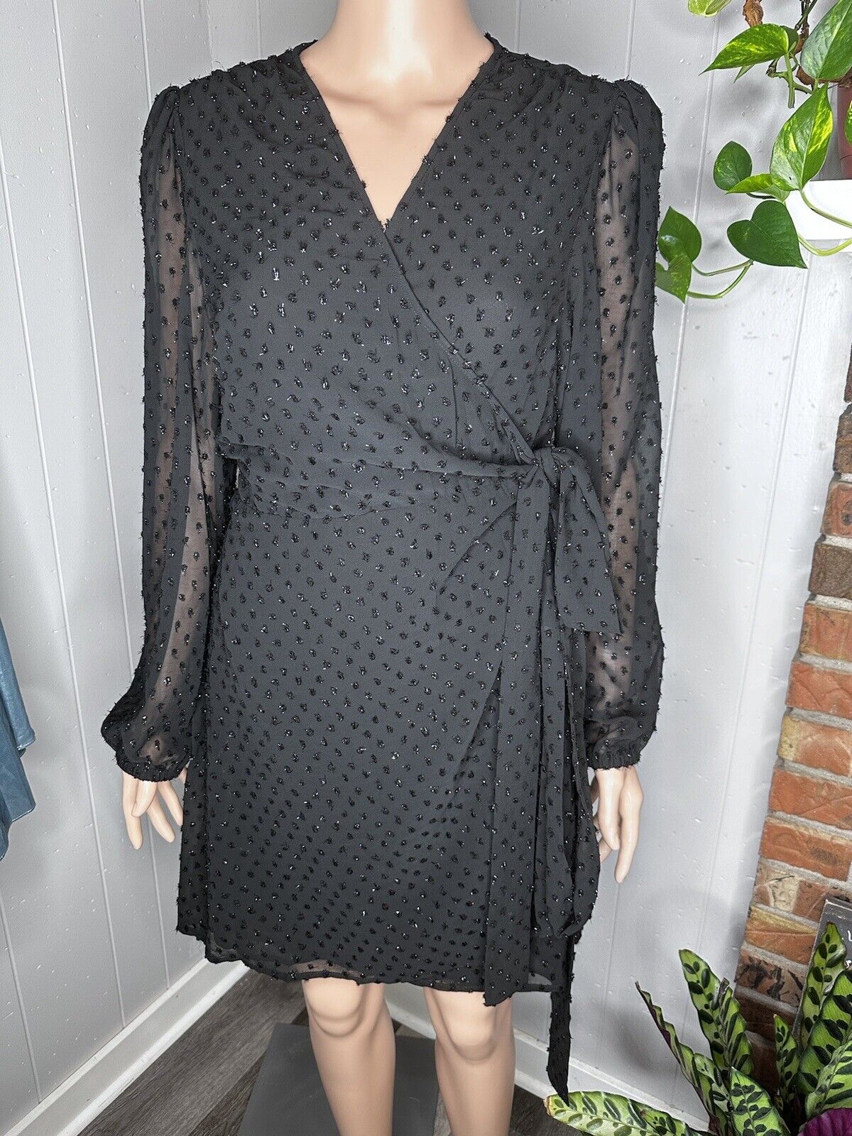 MICHAEL MICHAEL KORS Womens Black Tie Lined Shiny Polka D Wrap Dress XL
