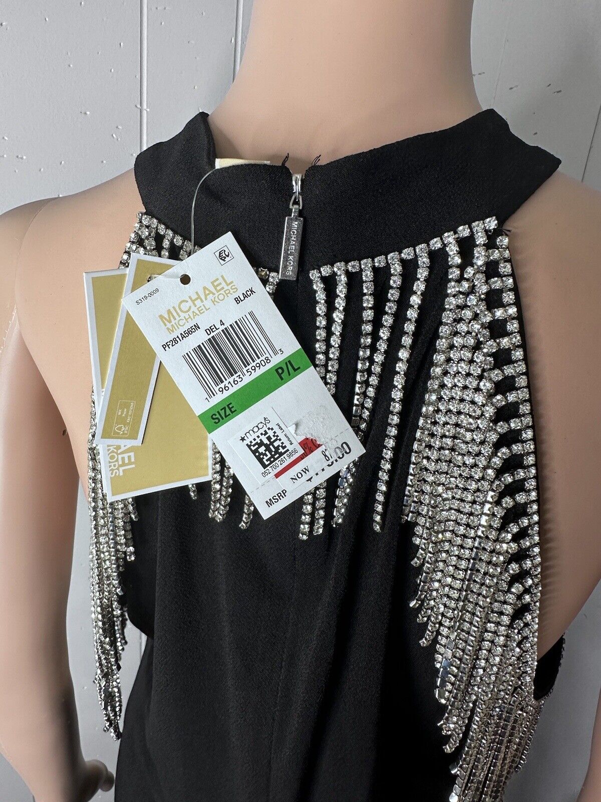 Michael Kors Rhinestone Fringe Dress Halter Western Formal Sheath Womens P/L