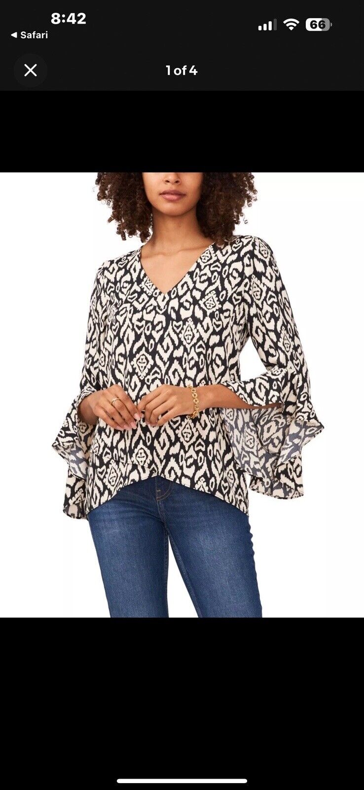 NWT Vince Camuto Rich Black Desert Summer V-Neck Ikat Balloon Sleeve Top S