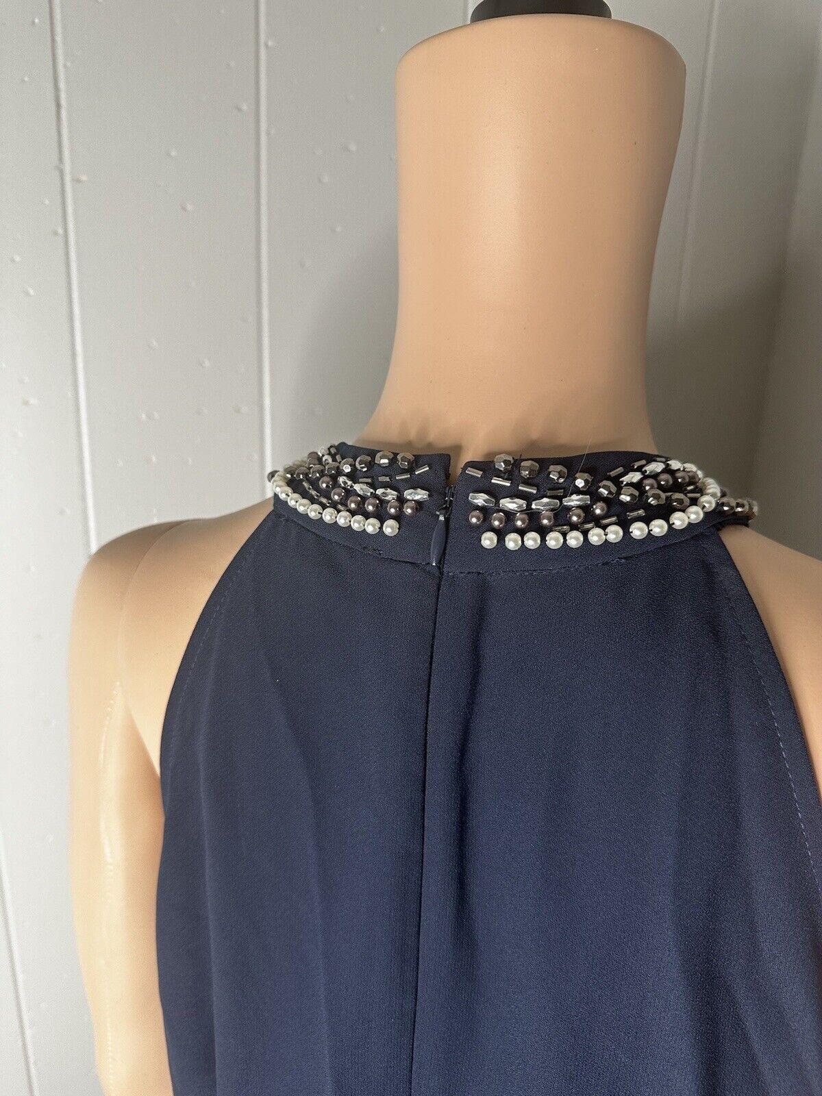 New SLNY Womens Dress Jeweled Halter Cocktail Party Wedding 8 Slate Navy Blue