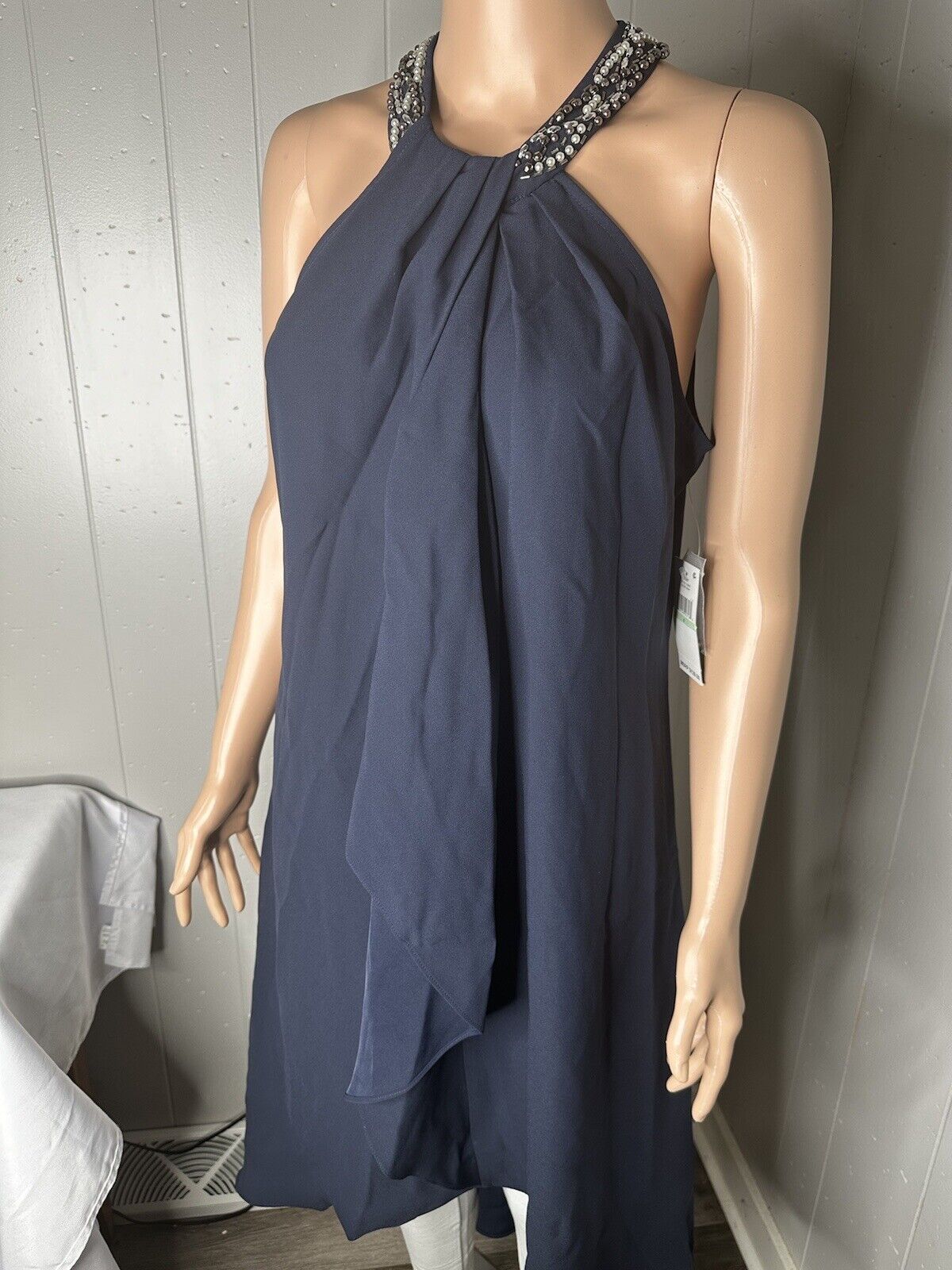New SLNY Womens Dress Jeweled Halter Cocktail Party Wedding 8 Slate Navy Blue