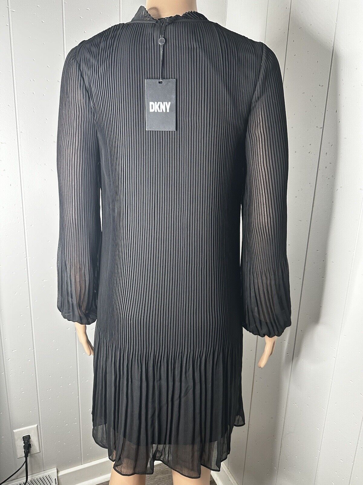 DKNY Womens Black Pleated Long Sleeve Tie Neck Short Shift Dress 2